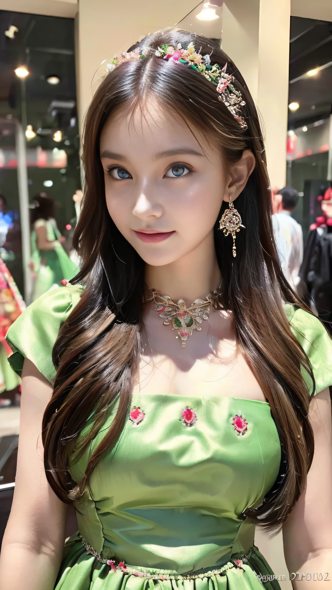 (8k, RAW Photos, highest quality, masterpiece:1.2), (Realistic, photo-Realistic:1.37),One girl, dress, Green Eyes, Long Hair, super detailed cloth, beautiful decoration on dress,