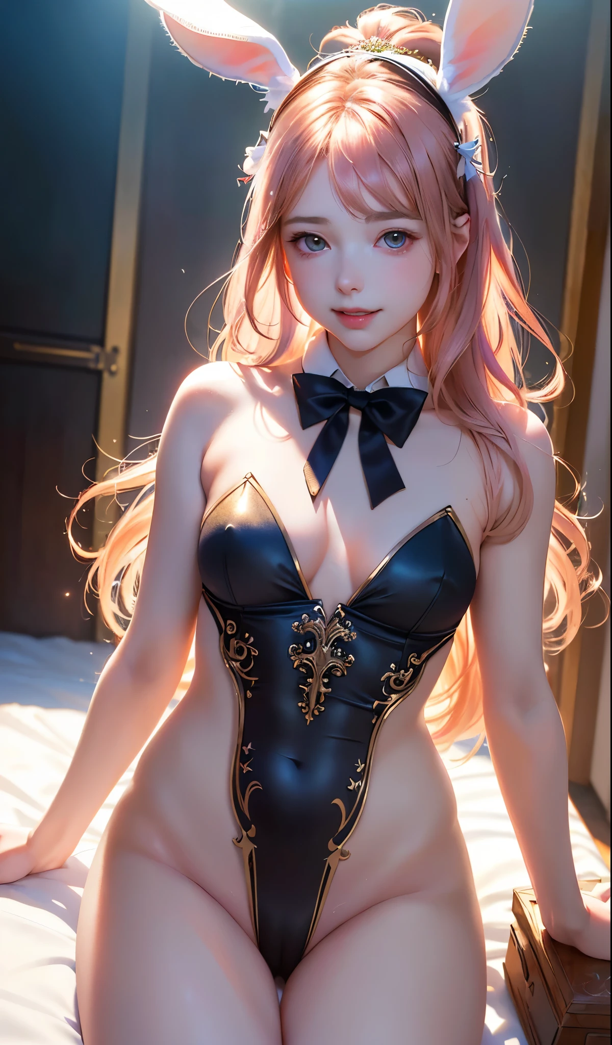 masterpiece, best quality, extremely detailed CG unity 8k wallpaper, (Upper Body head close-up shot of a beautiful girl), , Elegant Long straight hair, (Mckenna Grace), (flat chest,thighs,Plump), (Glittering babydoong Bunny Ear Headgear, , Bow-tie, No panties, genitals visible), (spread legs), (Blush), oil skin, (seductive smile), (Wonderland), pretty face, key art, award winning, intricate detail realism hdr, by (ruan jia and artgerm and range murata), Photorealism, Hyperrealism, ultra realistic, dramatic light, intense shadows, gorgeous view, depth of field
