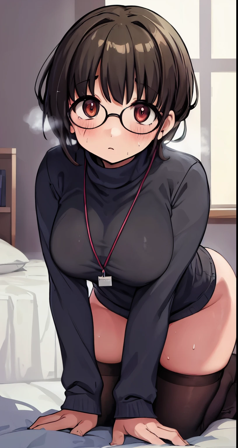 highest quality,(8K Portrait),(Official Art)、obesity、((short hair))、blush,((dark hair)),(Sweat),Black knee socks、One Woman,((:is))、hot、Office Room、Glasses、Thick thighs, Such an ass, Liar, Open crotch, Dettol, Down the Out、(Dynamic pose)、isらしない身体、Dynamic Angles、Turning around、High neck sweater、(On all fours:1.2)、On knees、Angle from behind、Cowboy Shot、bottom less