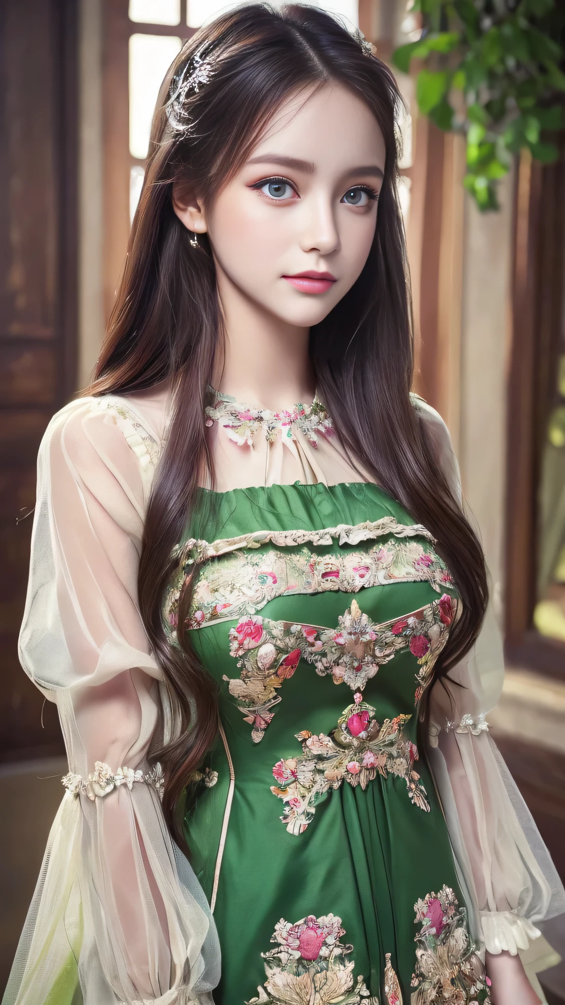 (8k, RAW Photos, highest quality, masterpiece:1.2), (Realistic, photo-Realistic:1.37),One girl, dress, Green Eyes, Long Hair, super detailed cloth, beautiful decoration on dress,