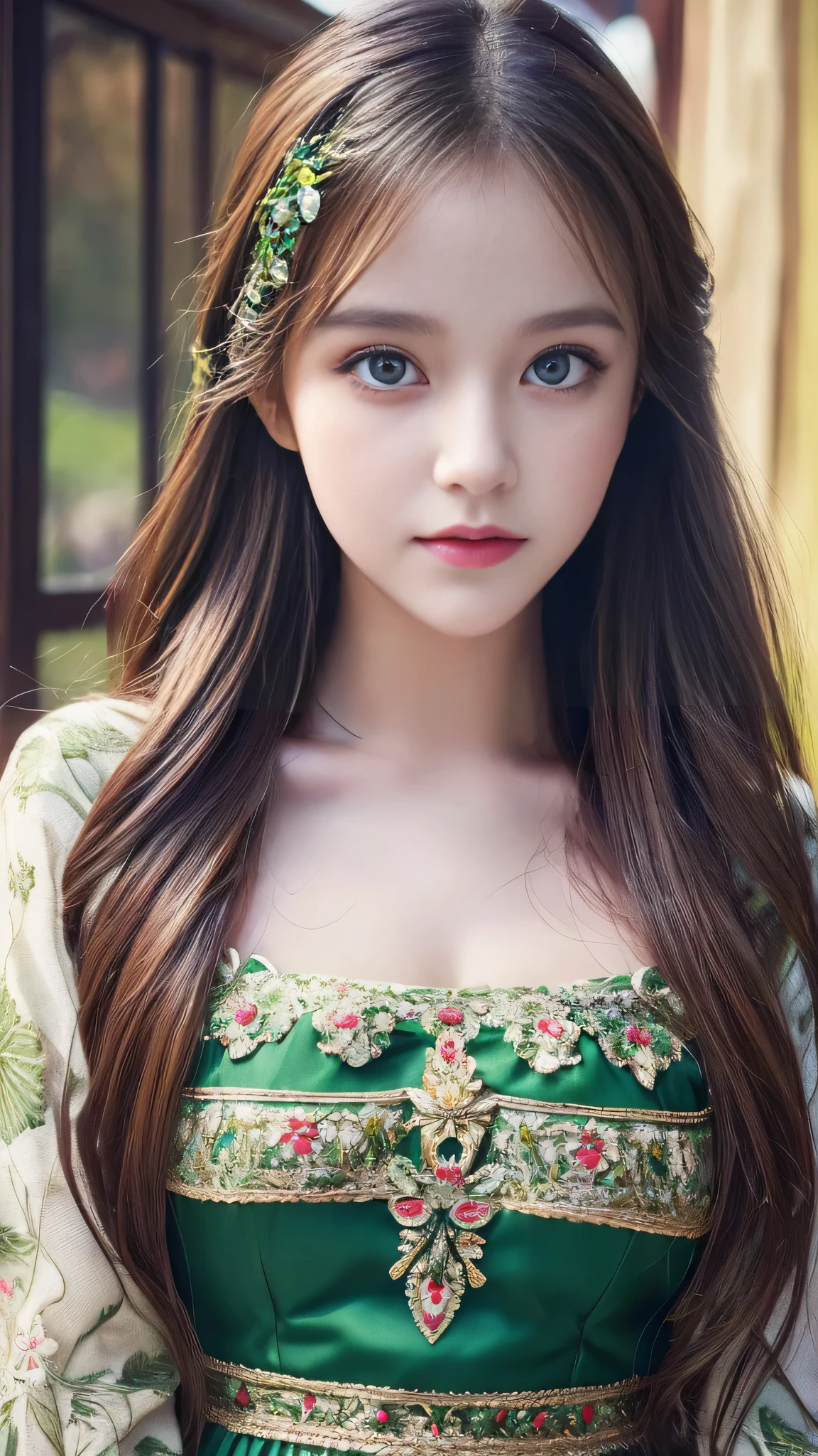 (8k, RAW Photos, highest quality, masterpiece:1.2), (Realistic, photo-Realistic:1.37),One girl, dress, Green Eyes, Long Hair, super detailed cloth, beautiful decoration on dress,