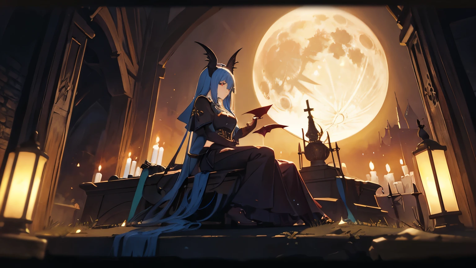 Medieval Europe、Grave、night、moon、Bat、Fantasy anime style