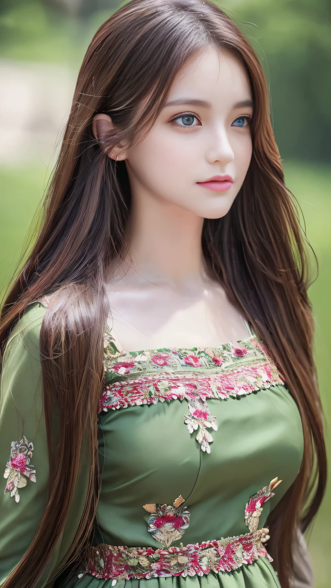 (8k, RAW Photos, highest quality, masterpiece:1.2), (Realistic, photo-Realistic:1.37),One girl, dress, Green Eyes, Long Hair, super detailed cloth, beautiful decoration on dress,