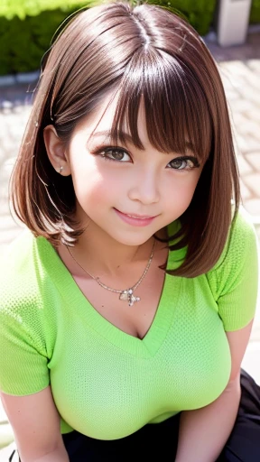 ((Tabletop, highest quality, High resolution,Perfect Pixel, Written boundary depth, 8K,))), 1 girl, (Big Breasts:1.3),single, alone, Beautiful Anime Girls, Beautiful art style, Anime characters, ((Short Bob Hair, bangs, Brown Hair)), ((Green Eyes:1.4, Round eyes, Beautiful eyelashes, Realistic eyes)), ((Detailed face, blush:1.2)), ((Smooth texture:0.75, Realistic texture:0.65, Realistic:1.1, Anime CG Style)), Dynamic Angle,((Red V-neck summer sweater, Short sleeve, Black Mini Skirt, Checked mini skirt, fashionable, 1 diamond necklace,pantyhose)), smile, amusement park, ((cherry blossoms, cherry blossomsの花が散る)),Sit on a bench,Shot to the knee,((Looking up from the right foot)),