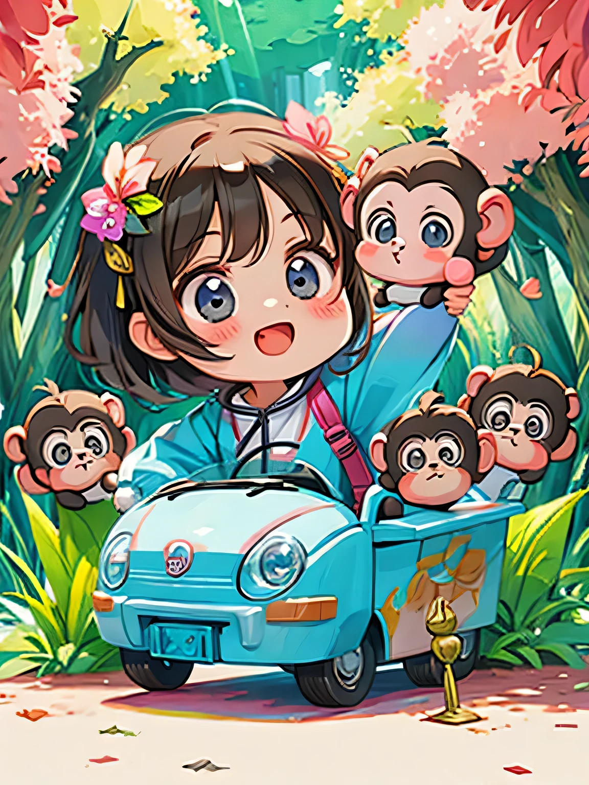 Ai Yazawa style, Kawaii Design, Chibi girl monkey, monkey Forest