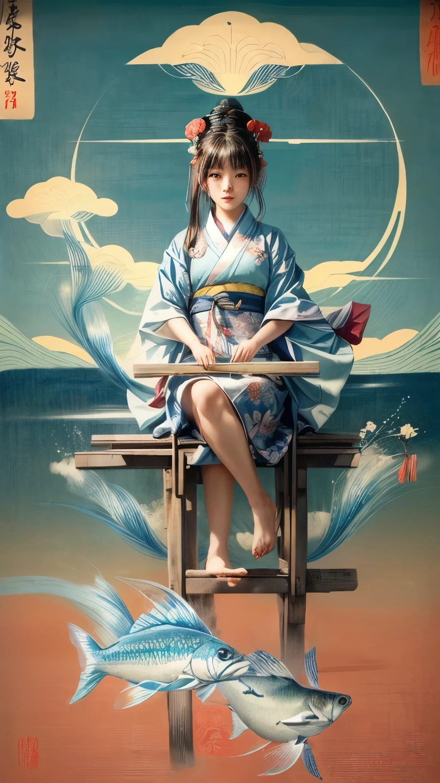 Close-up of a female Japanese teenager sitting on a bench holding a fish, by Qiu Ying, Japanese art style, In the Ukiyo-e art style, Written by Ku Lei Lei, Japanese painting, James Jean and Urop, by Tosa Mitsuoki, Written by Li Song, Japanese Goddess, By Chen Jill, Ukiyo-e style, by Li Zai、A woman wearing a sky blue and yellow yukata、Fascinating、There are fish and shrimp at the bottom of the screen。White cloud、There is smoke like a Karman vortex。