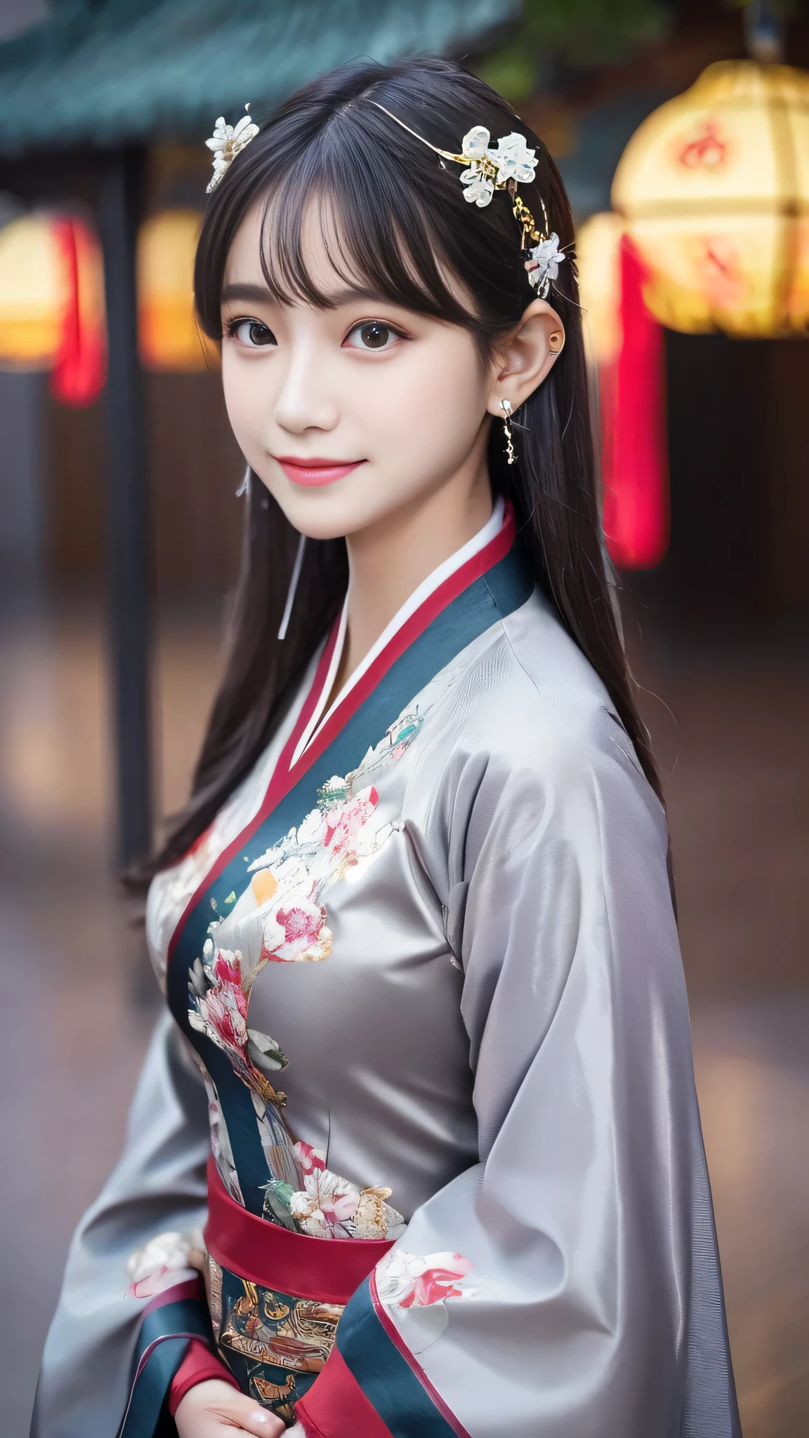 masterpiece, highest quality, One girl, alone, Long Hair, View your viewers, smile, bangs, hair ornaments, Red eyes, Long sleeve, dress, Are standing, clavicle, Gray Hair, Grey Hair, Alternative costume, Wide sleeves, wood, Chinese clothing, hairpin, Hanfu, Ningguang City (Genshin Impact), Ningguang City,  