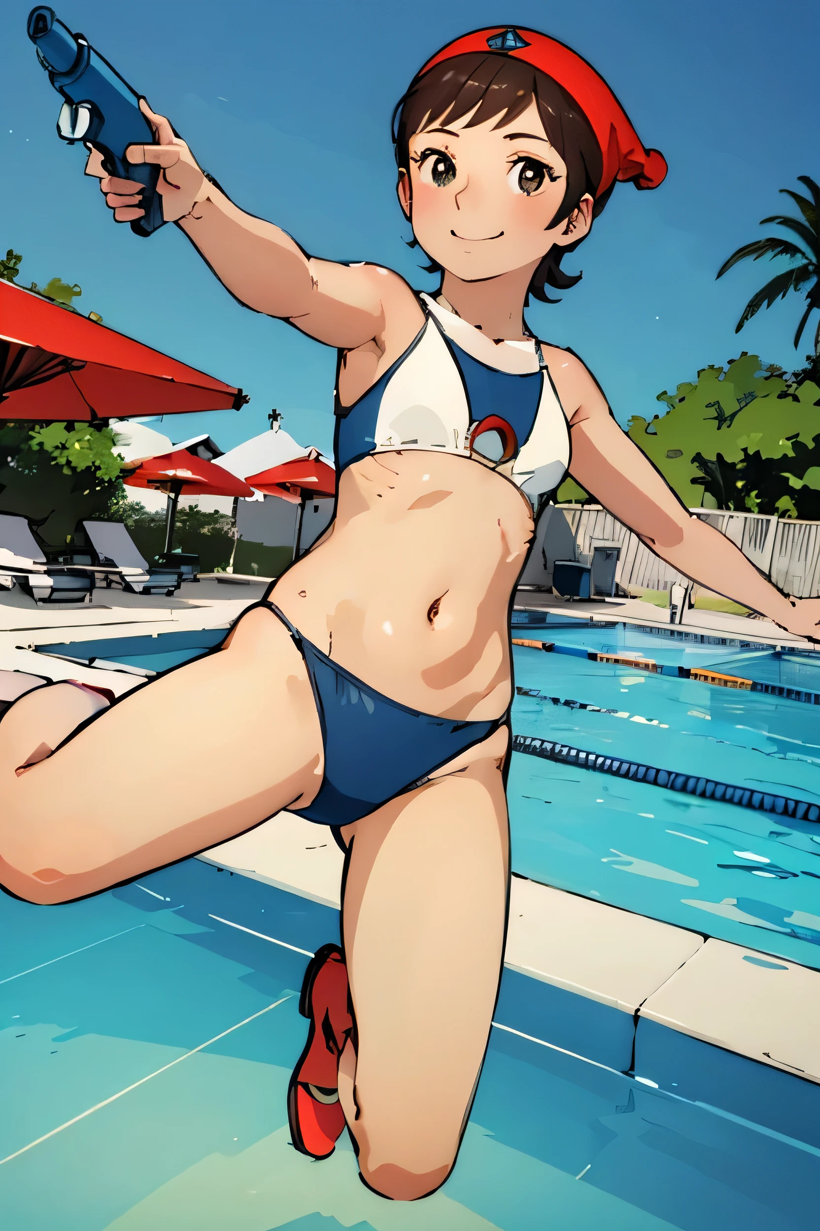 masterpiece, 最high quality, alone,One girl,Outdoor, 
 Limit Chan,boots,View your viewers, smile,Look at her, Great environment, Very detailed, high quality, summer, Bright sun, Pool, bikini, White ruffled swimsuit, Jump. Have a water gun