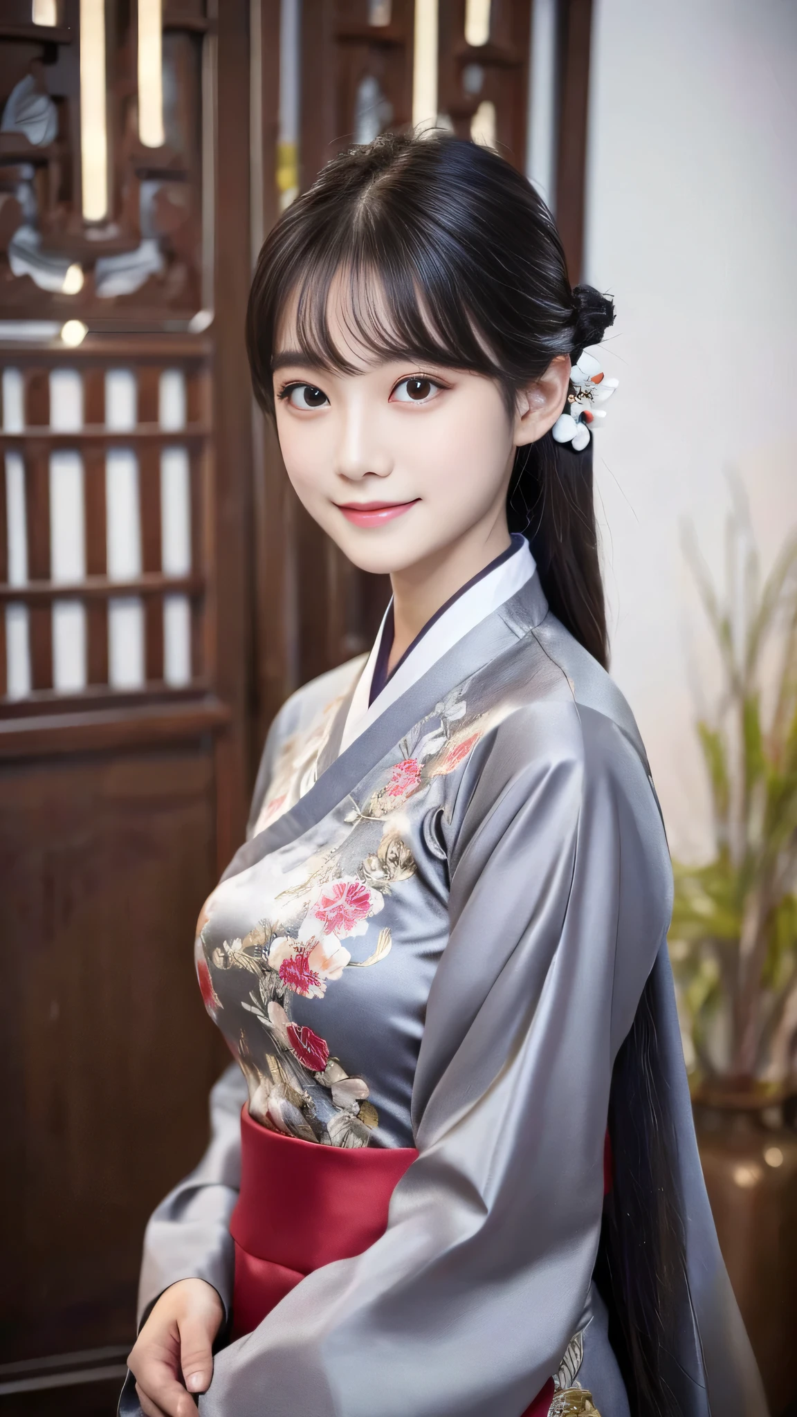 masterpiece, highest quality, One girl, alone, Long Hair, View your viewers, smile, bangs, hair ornaments, Red eyes, Long sleeve, dress, Are standing, clavicle, Gray Hair, Grey Hair, Alternative costume, Wide sleeves, wood, Chinese clothing, hairpin, Hanfu, Ningguang City (Genshin Impact), Ningguang City,  