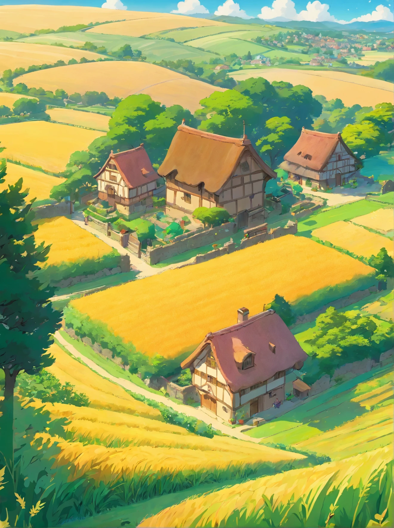 farms，idyllic，wheat field，There are houses and lots of trees, english village, manicured garden of eden, Beautiful English garden, beautiful english countryside, English countryside, Residence and garden, lush countryside,