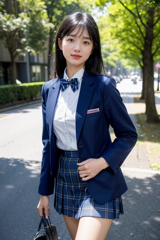 High-resolution images, Atmospheric perspective, 8k, Very detailed, Accurate,(Face closer to LoRA),(highest quality,8K),(smile),(cowboy shot),(school uniform),(Plain navy blue blazer:1.5),(The blazer is long),(long sleeve white shirt),(The shirt is buttoned up properly),(Backpack),(One bag),(Checked bow tie),(Tartan Skirt:1.3),(Skirt length is knee-length),(White socks),(Long face),(Black Hair),Tree-lined avenue with fresh greenery