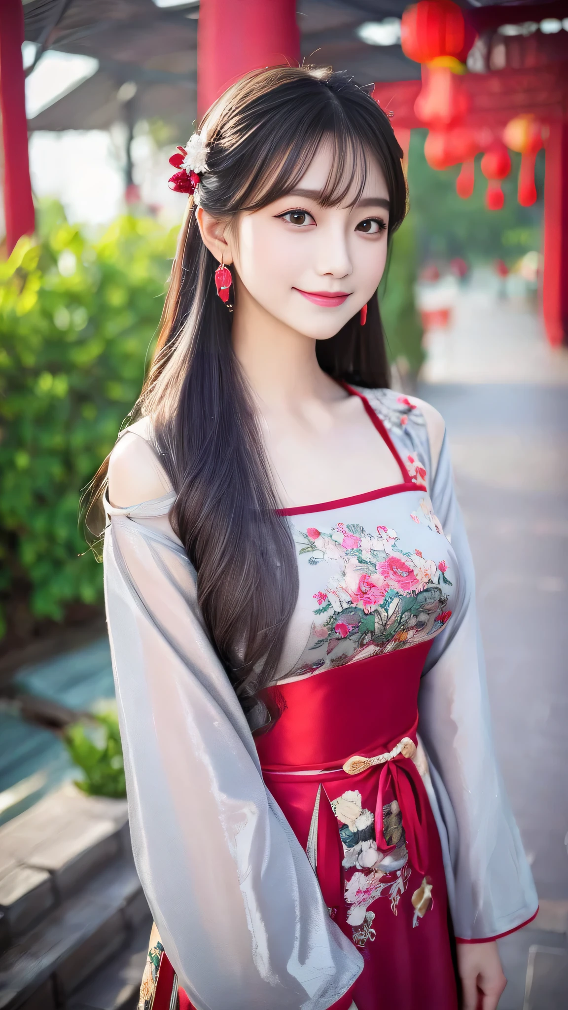 masterpiece, highest quality, One girl, alone, Long Hair, View your viewers, smile, bangs, hair ornaments, Red eyes, Long sleeve, dress, Are standing, clavicle, Gray Hair, Grey Hair, Alternative costume, Wide sleeves, wood, Chinese clothing, hairpin, Hanfu, Ningguang City (Genshin Impact), Ningguang City,  