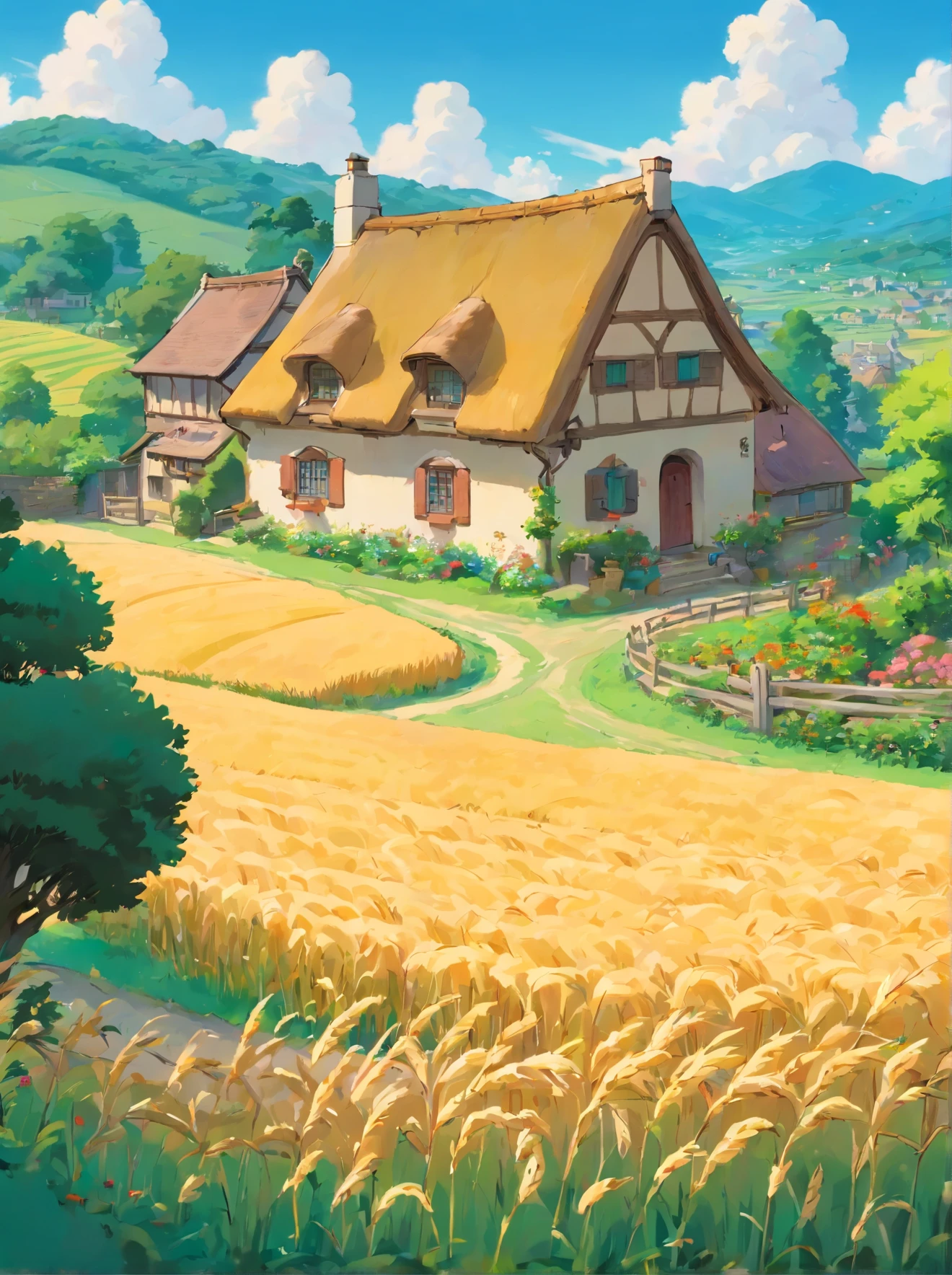 farms,idyllic,wheat field,There are houses and lots of trees, english village, manicured garden of eden, Beautiful English garden, beautiful english countryside, English countryside, Residence and garden, lush countryside,