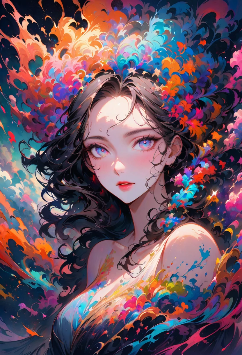 a mixed media abstract artwork of a strange woman with striking eyes and long hair, highly detailed eyes,(fine art), (splashes and splatters of paint in nebula colors on the canvas 1.2),[thick, wet,shiny dripping paint], ink, pencil shading, award winning, (perfect composition),(nebula:0.5),(galaxy:0.5)