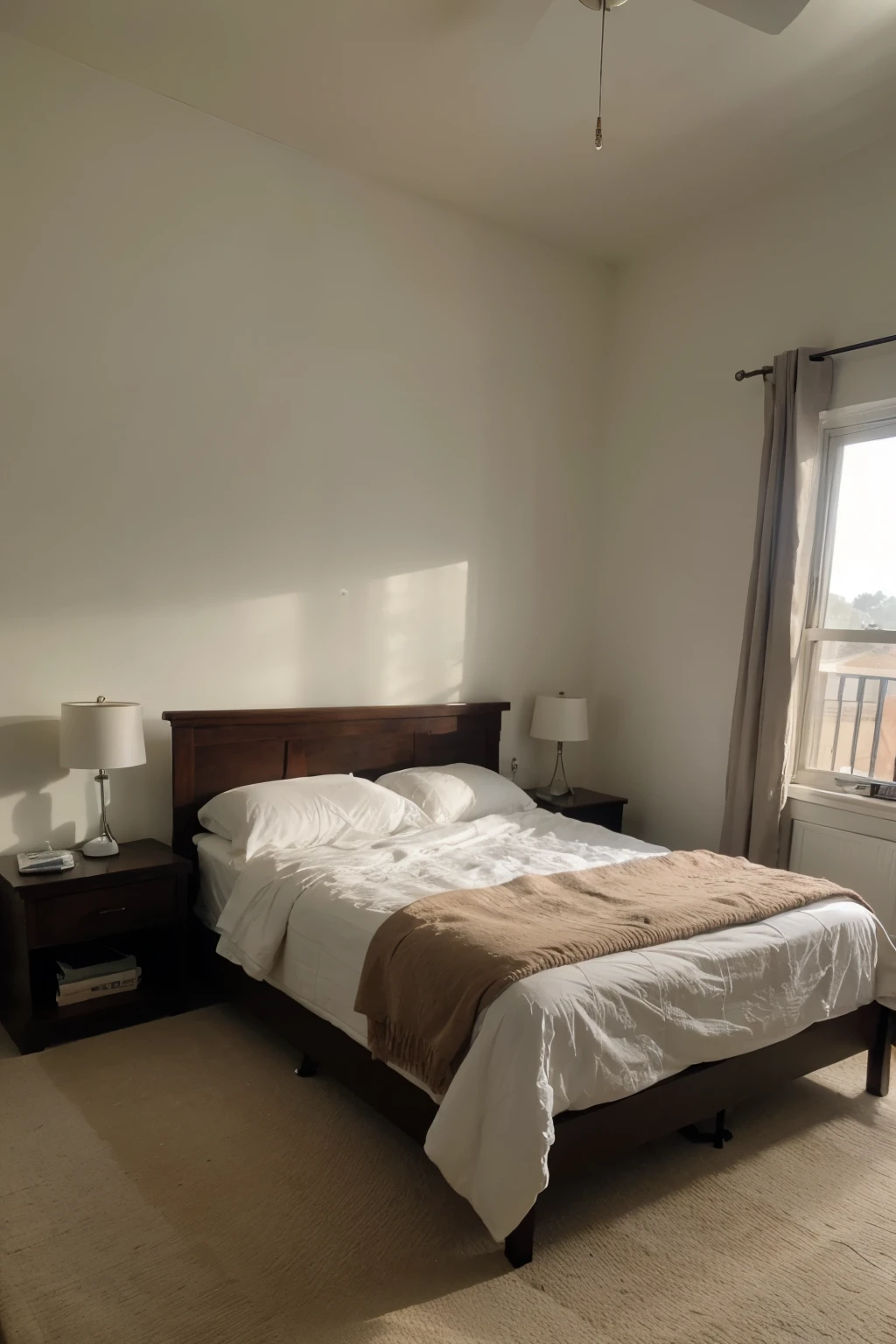 In the rental house,The bed is in the center of the picture.,The morning sun shines on the bed