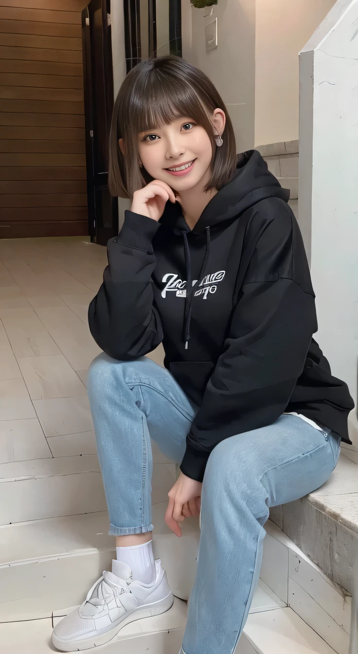 highest quality, Realistic, Very detailed, Finer details, High resolution, 8k wallpaper, One beautiful woman,Sit on the stairs、smile、(Beautiful teeth alignment、)Colorful socks、 Oversized hoodie, Skinny jeans,( Black sneakers)、Black Hair、 Beautiful Bangs、ear piercing、Perfect dynamic composition, Beautiful and detailed, Full Body Shot, A big smile waiting to start