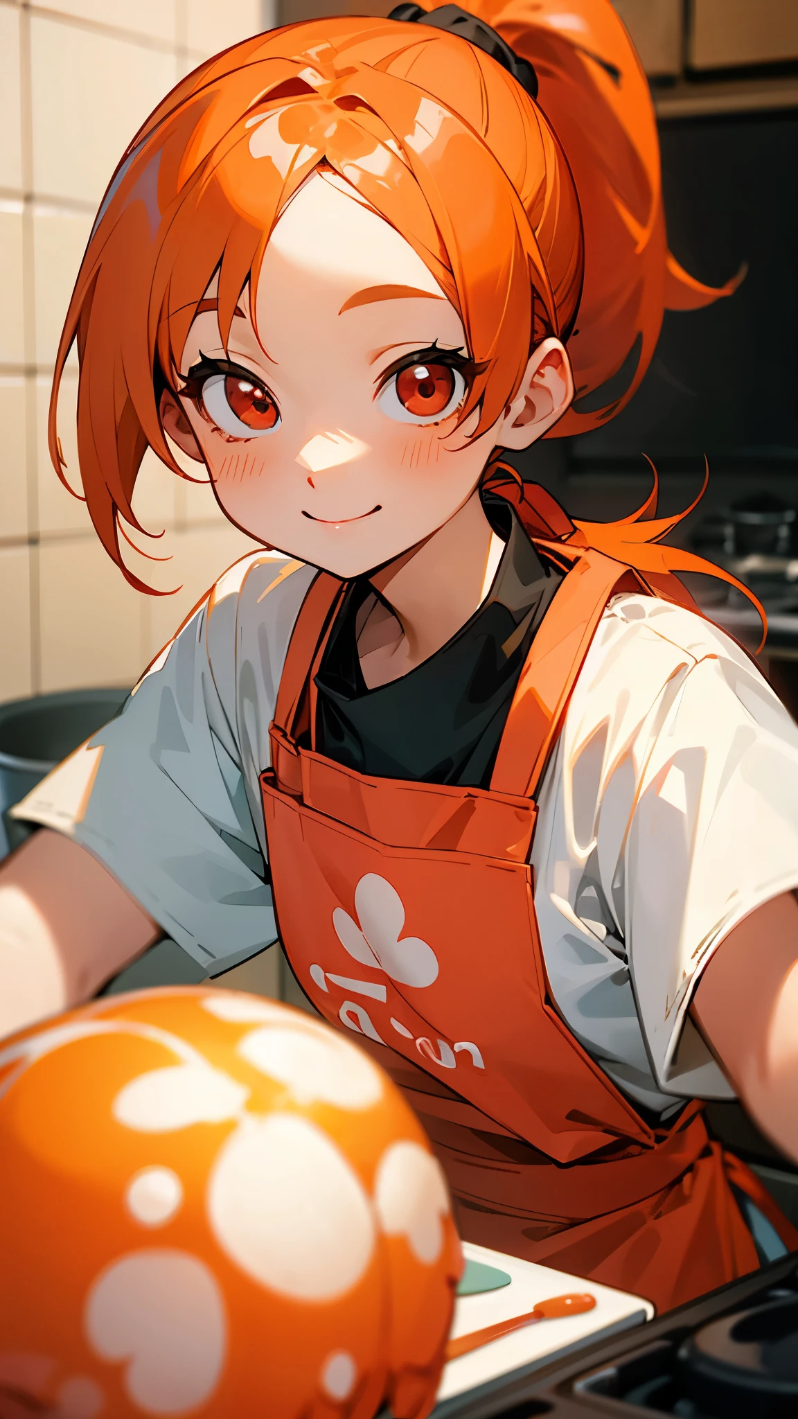 Cute girl shrimp is cooking delicious food in the kitchen、Orange Hair、ponytail、Round red eyes、apron、smile、Face close-up