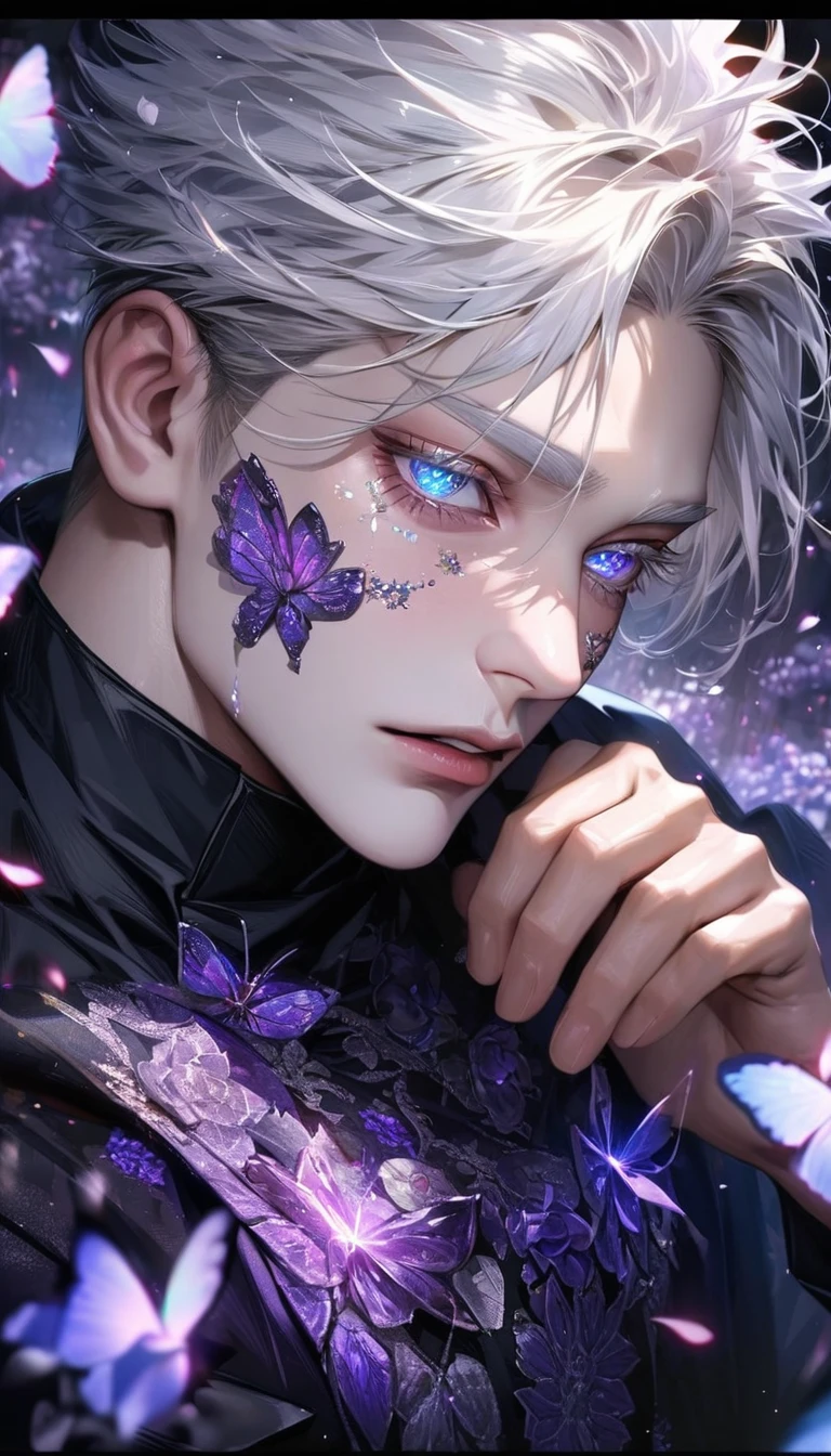 Ultra detailed, HDR, Highres, absurdres, master piece, Gojou Satoru, expressive blue eyes, white hair with bangs, white eyelashes, Jujutsu Kaisen, black coat with patterns, black tight shirt, purple glittering butterflies, purple ice, petals, purple ice roses, sexy man, solo, extremely detailed face and eyes, extremely handsome, glittering, glittering eyes, realistic face,