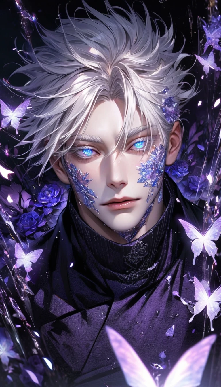 Ultra detailed, HDR, Highres, absurdres, master piece, Gojou Satoru, expressive blue eyes, white hair with bangs, white eyelashes, Jujutsu Kaisen, black coat with patterns, black tight shirt, purple glittering butterflies, purple ice, petals, purple ice roses, sexy man, solo, extremely detailed face and eyes, extremely handsome, glittering, glittering eyes, realistic face,