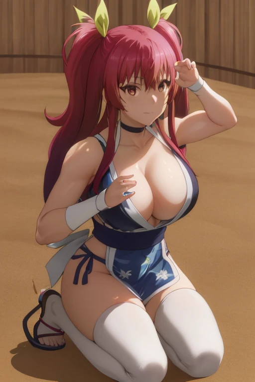 masterpiece, best quality, beautiful art, high resolution, well formed hands, body and fingers, 1 woman, solo, Stella Vermillion, grown up, hair ribbon , adult, big breasted, cleavage, full body, long hair, hair ornament, gorgeous legs and thighs, blue_kunoichi_dress, white stockings, sleeveless, she is fighting in a combat match at a martial arts tournament, she is getting ready to fight, making her guard pose, action and fighting scene, about to hit the viewer, looking at the viewer, sweating , feeling confident and proud, smiling joyfully and happily, charming her opponent with her beauty, fighting scene, martial arts tournament on the beach