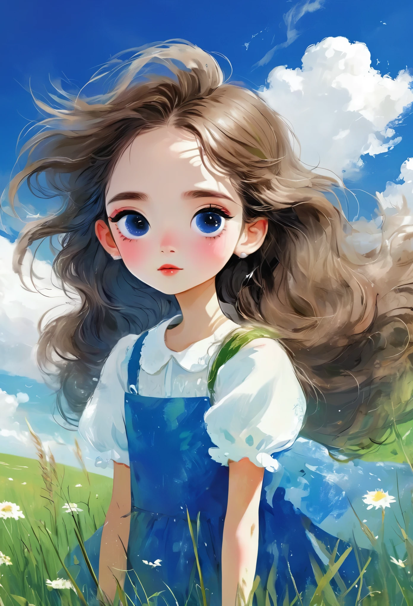 (masterpiece, best quality:1.2), 1 Girl, Solitary, big eyes,Fluffy hair, grassland,Blue sky and white clouds,Rough texture,Hand-drawn style,