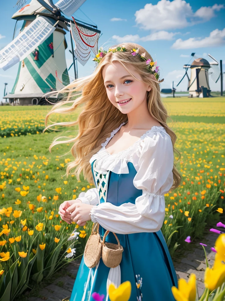 1girl,(:1.4), princess, straight long blonde hair, shiny wavy hair, blue eyes, happy smile, twinkle in the eye, small breasts, Volendam traditional costume, ruffle, traditional head wear, hairpin:1.2, windy, wind lift, (windmill:1.4), (meadow:1.2), tulip field, looking at viewer, (embarrassed:1.2), sunlight, lens flare,