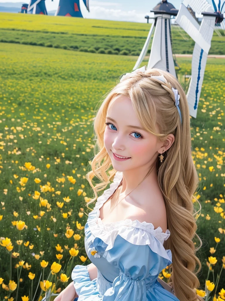 1girl,(:1.4), princess, straight long blonde hair, shiny wavy hair, blue eyes, happy smile, twinkle in the eye, small breasts, Volendam traditional costume, ruffle, traditional head wear, hairpin:1.2, windy, wind lift, (windmill:1.4), (meadow:1.2), tulip field, looking at viewer, (embarrassed:1.2), sunlight, lens flare, 
