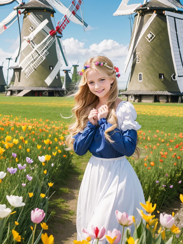 1girl,(:1.4), princess, straight long blonde hair, shiny wavy hair, blue eyes, happy smile, twinkle in the eye, small breasts, Volendam traditional costume, ruffle, traditional head wear, hairpin:1.2, windy, wind lift, (windmill:1.4), (meadow:1.2), tulip field, looking at viewer, (embarrassed:1.2), sunlight, lens flare,