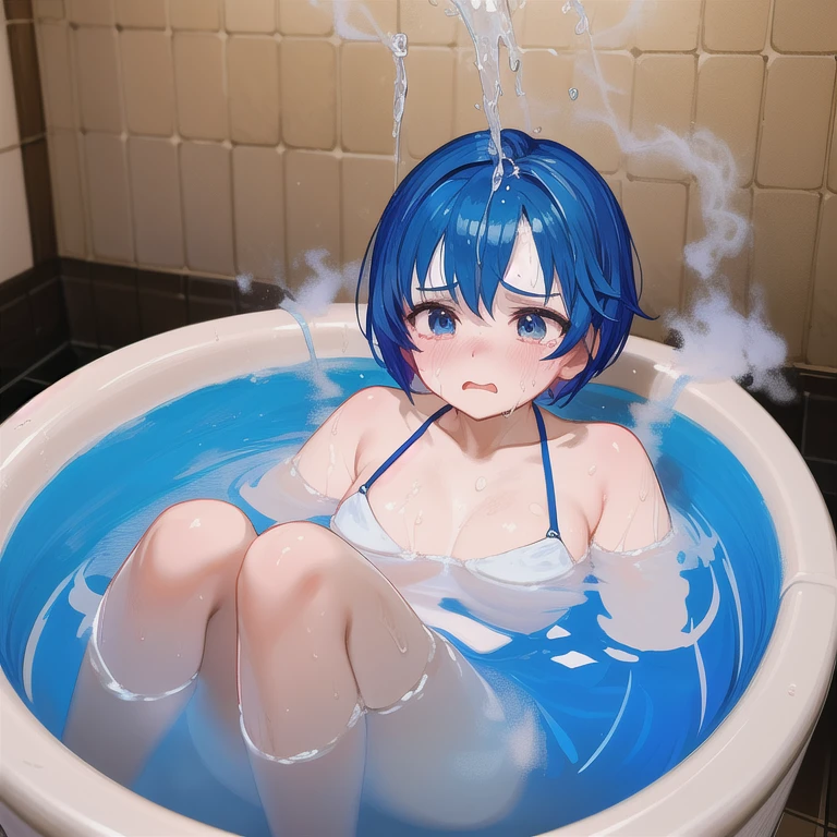 Swimwear, ワンピースSwimwear, Fire emblem, Kathua, Blue Hair, Short Hair, Watery eye, Punishment, Crying face, scream, I am in agony, Desperately struggling, whole body, shame, Taking a bath，Bathtub，hot water bath，steam, whole bodyが水槽の中, Bright red skin, Withstands the heat, Being boiled, Boiled in a pot,Ironing, torture, Jail, torture部屋
