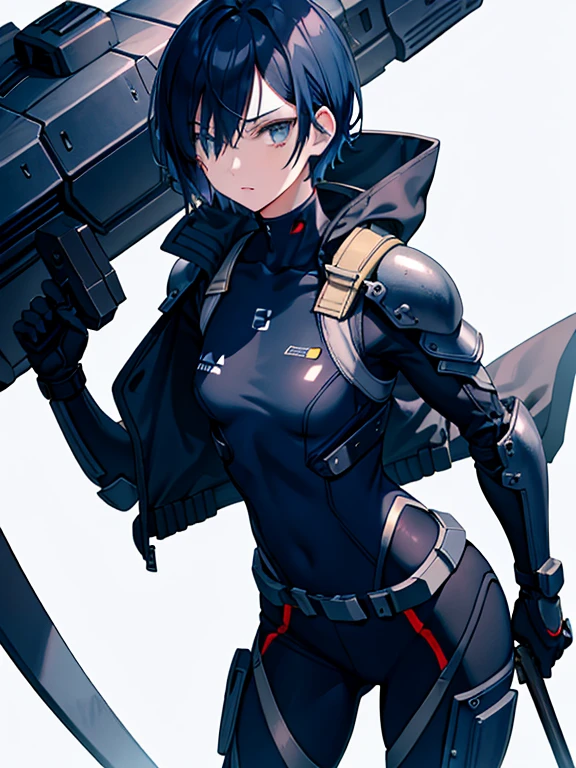 Dark blue hair,short hair,neutral,boyish,Hiding one eye,slender,Rin々A funny face,Powered Suit,Reinforced Suit,mechanical,Science fiction,Black sleeveless coat,With a sword,headgear,Small breasts,Small breasts,Flat Chest,tall,Slightly muscular,Handsome,The innerwear is a bodysuit,Armament,Pilot Suit,Hard boots,armor,Carrying a rifle,Chest protector,Protector on shoulder,I put on a coat,Waist device,1 person