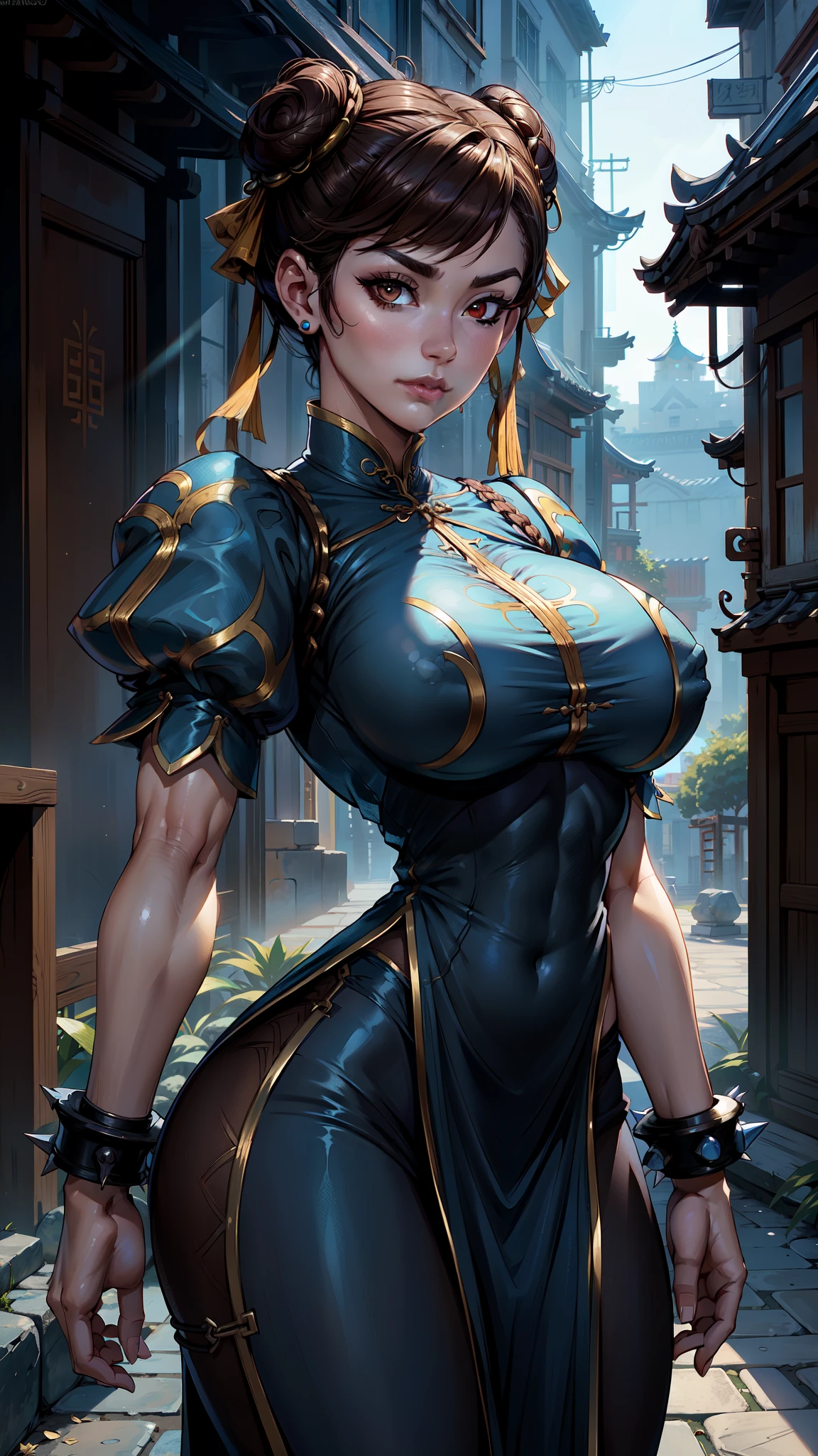 Chun Li,(pelo negro dos trenzado) , Brown eyes,
ropa china, spiked bracelet, pendientes ,( vestido azul chino :1.4)
de pie, parte superior del cuerpo, sonrisa, faja, (pantimedias negra nylons ),
barrio chino, Noche ,
(incredibly detailed, hermoso rostro detallado, hermosos ojos detallados, Obra maestra, mejor calidad),solo, ,(Fondo de ruinas de mazmorra en ruinas:1.4 ), (Obra maestra: 1.4), (8k, realista, foto cruda, La mejor calidad: 1.4),(Chun Li:1.4), (Chu Li V2.1), (dynamic pose), (solo),( alley background big stones Tokyo :1.4),( no mutaciones), (Detalles de la cara: 1.5, (Beautiful brown eyes:1.4) , hermoso rostro, ojos bonitos, revestimiento del iris, labios delgados: 1.5, delgado, pale and sharp eyebrows, Largo, dark eyelashes, double eyelashes), (colores brillantes), cayendo lluvia nublado Noche,