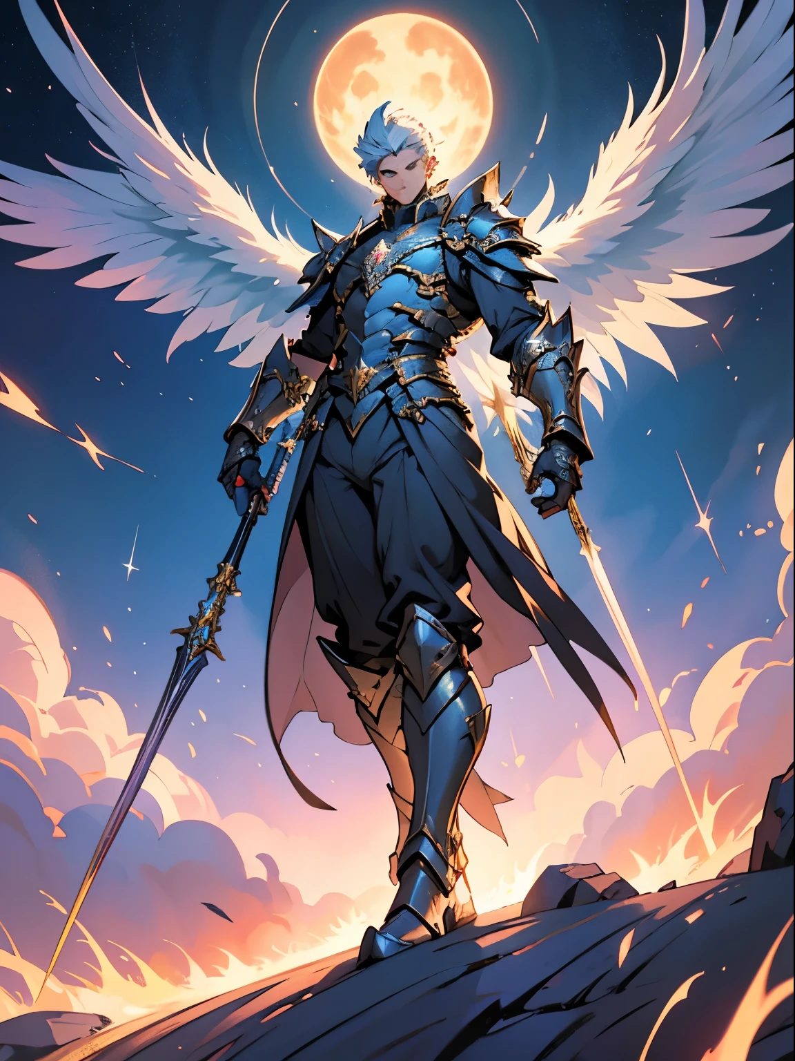 Male Angel of the Celestial Gauntlets stands in a war pose, his celestial gauntlets gleaming with divine energy. Against a background bursting with vibrant colors