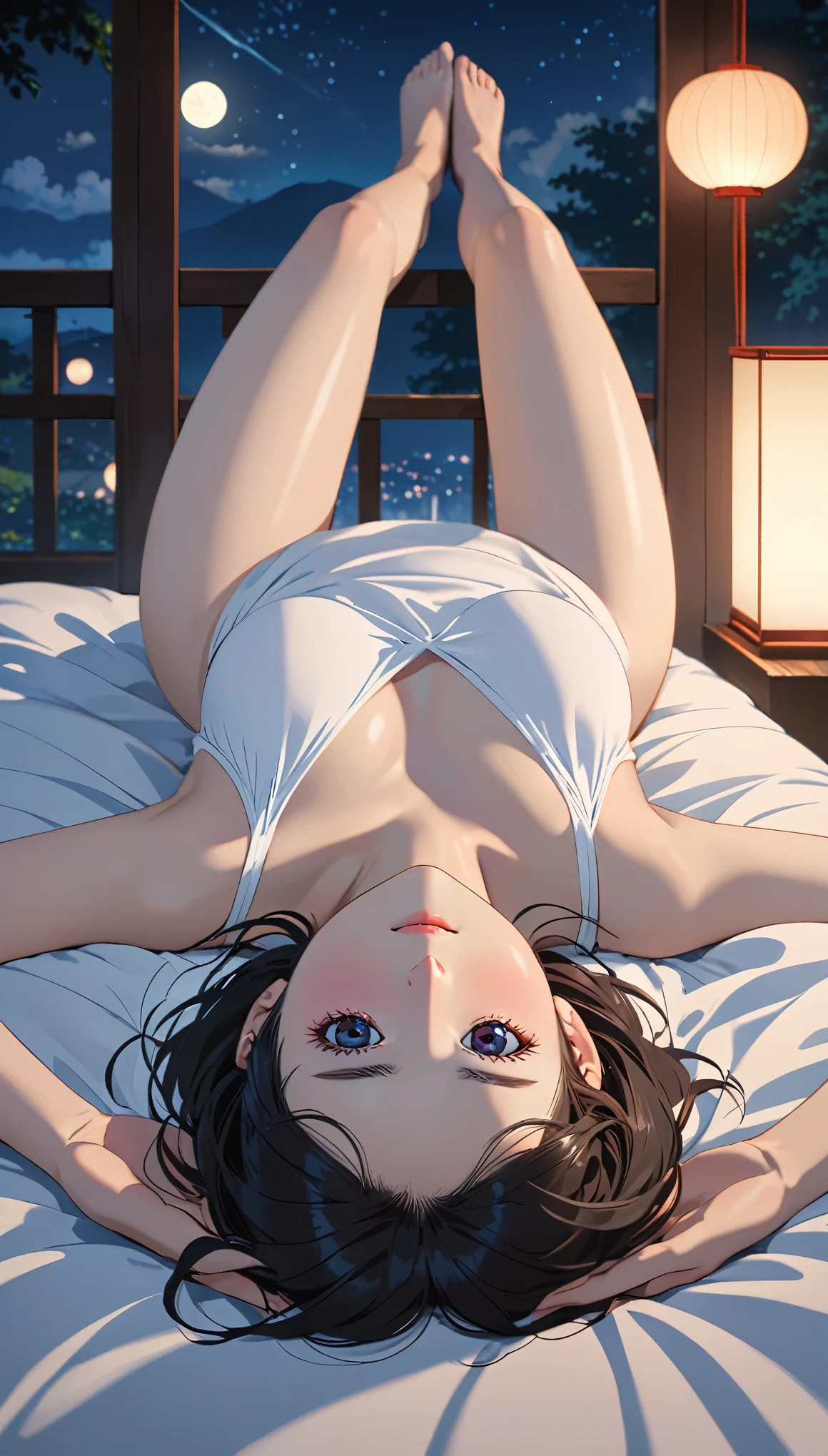 (((I want to see up to my knees:1.5、Ezvian everywhere:1.5)))、masterpiece, High resolution, shape, Kyoto Animation Style, Your Name Movie Style, night, midnight, Light, (1 female: 1.3), (alone: 1.4), Long eyelashes, Short Bob, Red Nose, Lying down, naked, Lying in bed、Tears flow、(Outstretched Hand:1.2)、Mr..々Pause、(上半身のみnaked)、Big Breasts、(((Erect nipples:1.5)))、(Wide-open legs:1.5)、Wide waist、Grey sports bra