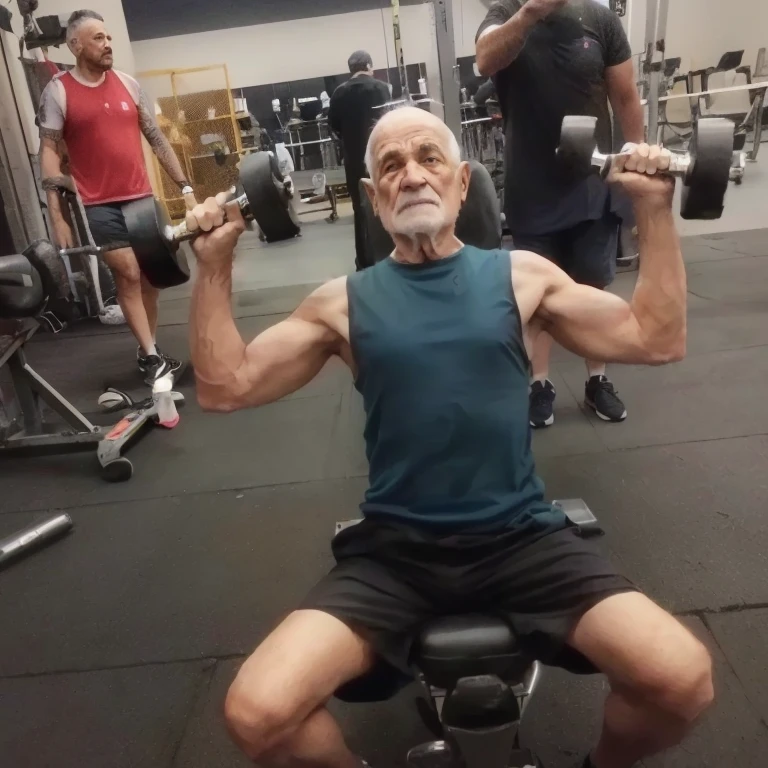 homem arafiado sentado em um banco com um idiota em uma academia, ele tem cerca de 6 0 anos, ele tem cerca de 60 anos, he is about 7 0 anos, ombros para cima, ele tem cerca de 50 anos, ele tem cerca de 5 0 anos, 7 0 anos, 70 anos, trabalhando fora, levantando pesos
