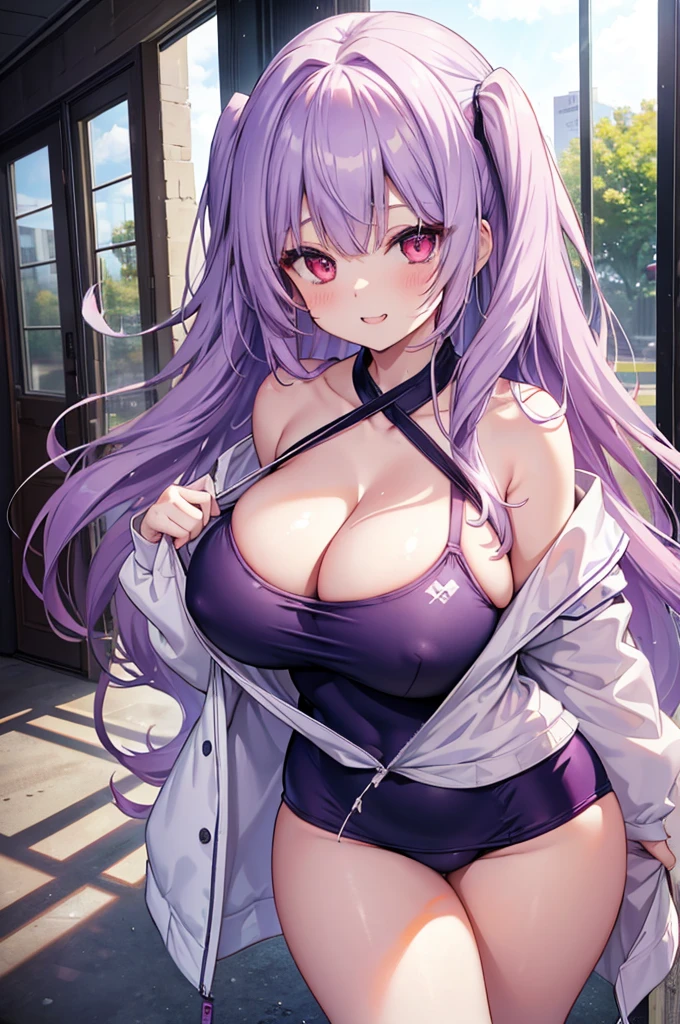 Wolf Girl, Large Breasts, Voluminous light purple hair, masterpiece , Red eyes, hd, Thick thighs, Head to Chest, buried in my chest、Double teeth、tooth、Chubby、Grinning、School Swimsuit、Big Tits