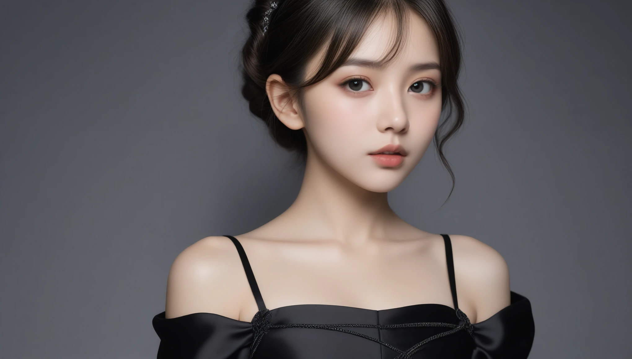 8K, Ultra-high resolution, highest quality, masterpiece, Surreal, photograph, 1 girl, (:1.3), pretty girl, Cute face, Beautiful eyes in every detail, black silk dress、intellectual,(Bondage Fashion:1.5), (A cup small breasts:1.2),(((Shining Eyes)),Soft and dramatic lighting、Depth of written boundary、Vivid details、detailed、Surreal,Grayscale16-bit、Light and shadow,Strong light,Fashion magazine cover,Thin lips