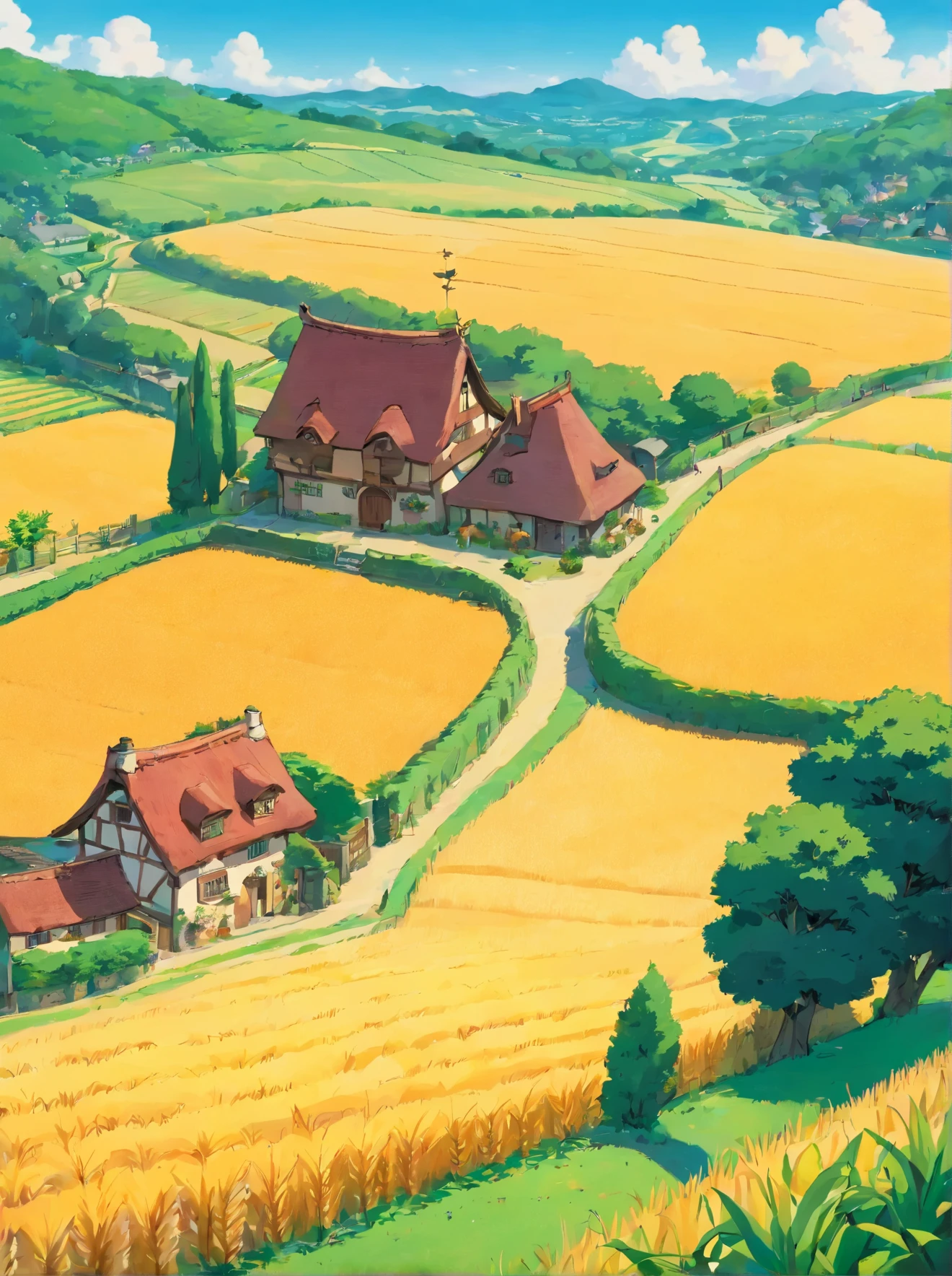 farms,idyllic,wheat field,There are houses and lots of trees, english village, manicured garden of eden, Beautiful English garden, beautiful english countryside, English countryside, Residence and garden, lush countryside,