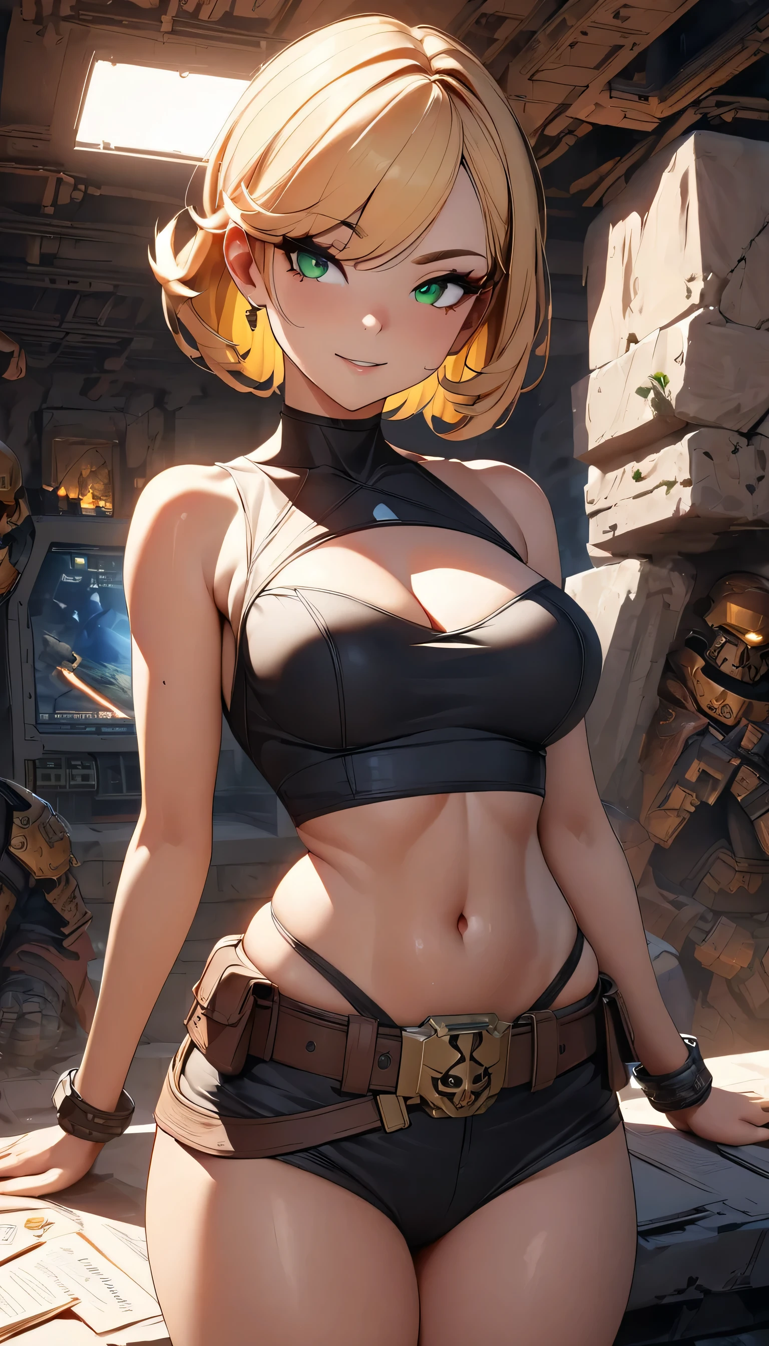 highest quality, masterpiece, Eye Reflexes, highest quality, masterpiece, mercy Eye Reflexes, alone, A perfectly sculpted body, blonde,Overwatch Mercy Style Hairstyle, Green Eyes, Two Arms, Tomb Raider style neckline clothing, Practical belt, alone, command room, 8k, masterpiece, High resolution, Absurd, Natural volumetric lighting and great shadows, The depth of the written world, Sharp focus, Mischievous face, very delicious, Medium chest, Warhammer 40K elements, Ultra-detailed landscapes, goddess