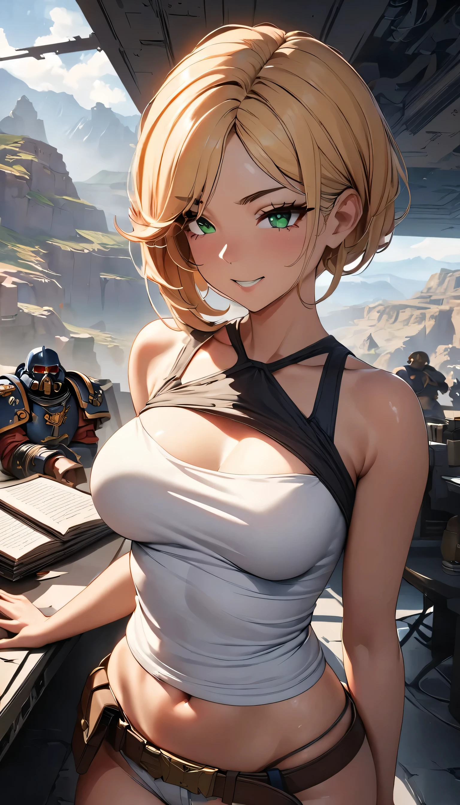 highest quality, masterpiece, Eye Reflexes, highest quality, masterpiece, mercy Eye Reflexes, alone, A perfectly sculpted body, blonde,Overwatch Mercy Style Hairstyle, Green Eyes, Two Arms, Tomb Raider style neckline clothing, Practical belt, alone, command room, 8k, masterpiece, High resolution, Absurd, Natural volumetric lighting and great shadows, The depth of the written world, Sharp focus, Mischievous face, very delicious, Medium chest, Warhammer 40K elements, Ultra-detailed landscapes, goddess