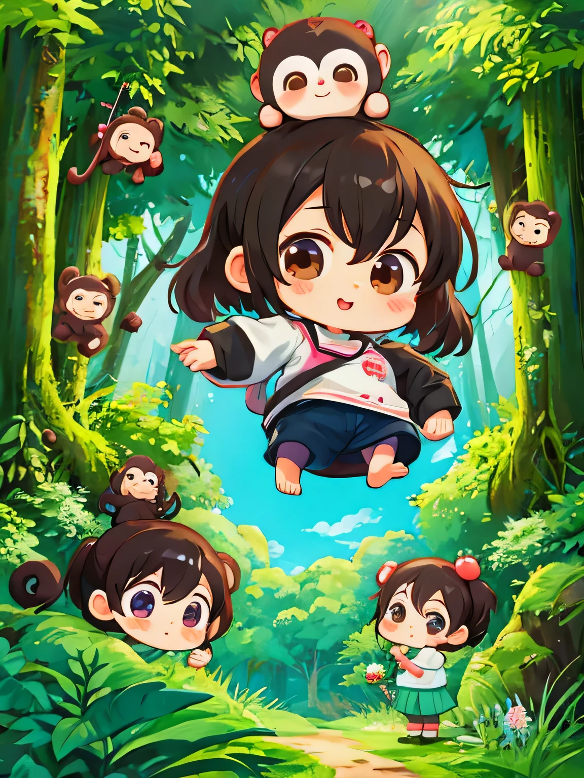 Ai Yazawa style, Kawaii Design, Chibi girl monkey, monkey Forest