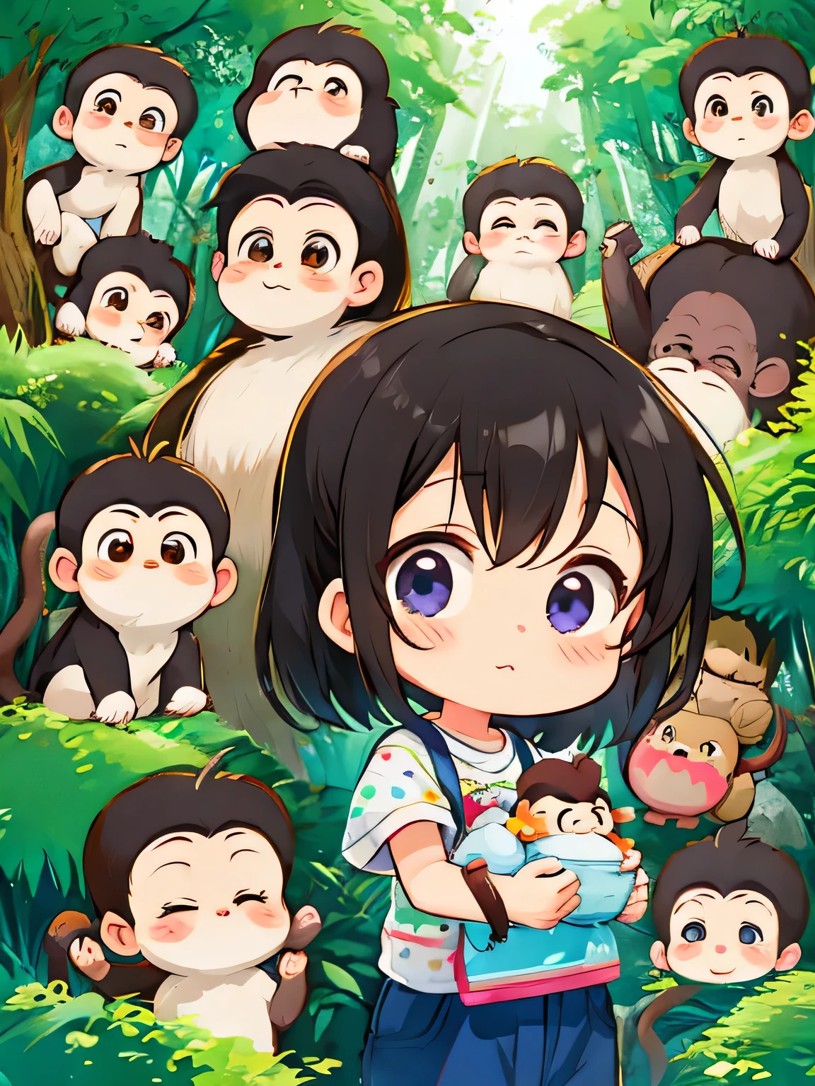 Ai Yazawa style, Kawaii Design, Chibi girl monkey, monkey Forest