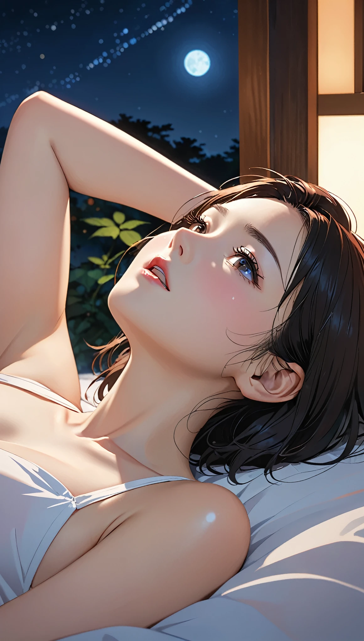 (((I want to see up to my knees:1.5、Ezvian everywhere:1.5)))、masterpiece, High resolution, shape, Kyoto Animation Style, Your Name Movie Style, night, midnight, Light, (1 female: 1.3), (alone: 1.4), Long eyelashes, Short Bob, Red Nose, Lying down, naked, Lying in bed、Tears flow、(Outstretched Hand:1.2)、Mr..々Pause、(上半身のみnaked)、Big Breasts、(((Erect nipples:1.5)))、(Wide-open legs:1.5)、Wide waist、Grey sports bra