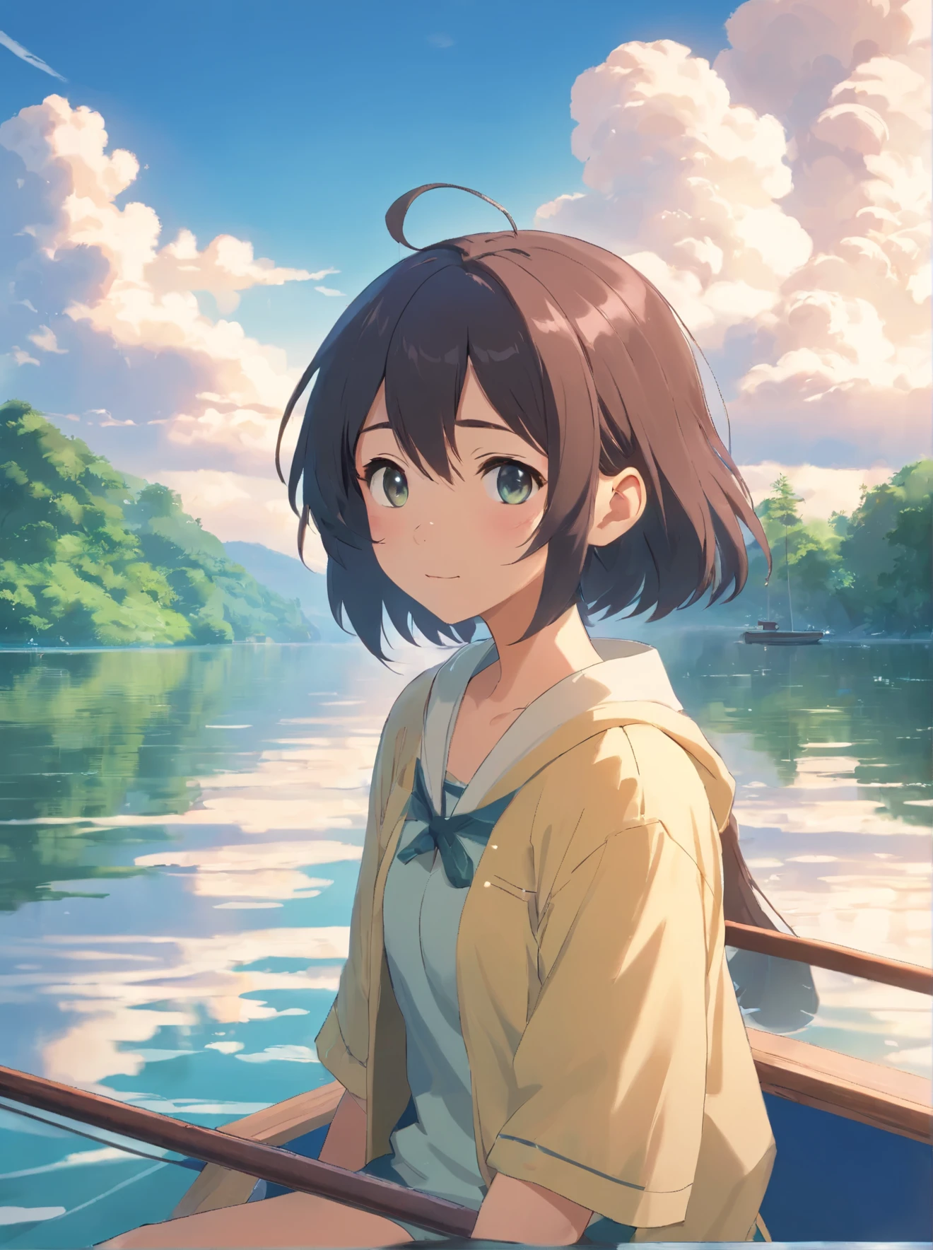 in white clouds fairyland,Calm lake,Ultimate simplicity,Face,3D,OC renderer,floating boat