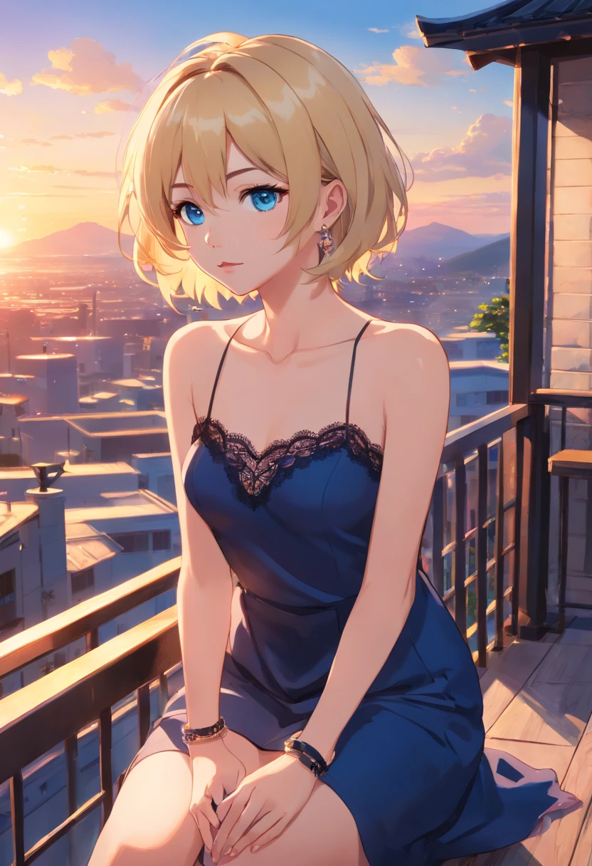 17 years old Women, ((Blonde)), ((Blue eyes)), ((Short hair)), ((Full shot)), very detailed makeup, pale pink lipstick, long earrings, bare shoulders and jewelry necklace, black satin dress with lace, a bracelet on her arm and black high-heeled shoes, sitting with her arms on her legs on a terrace at sunset