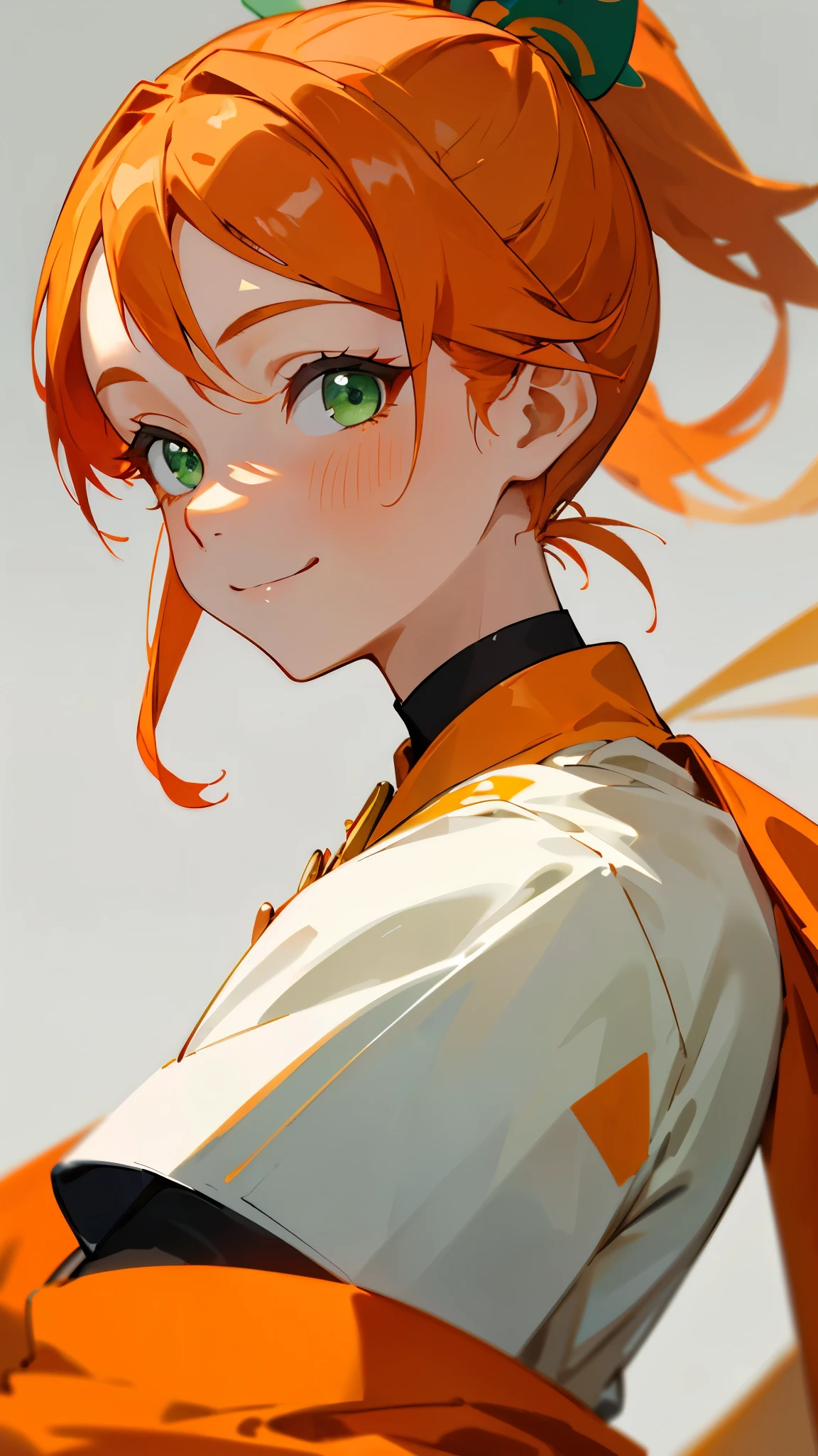 1 girl、Orange themed clothing、Orange Hair、ponytail、Beautiful green eyes、smile、From the side、White uniform with gold trim、Face close-up