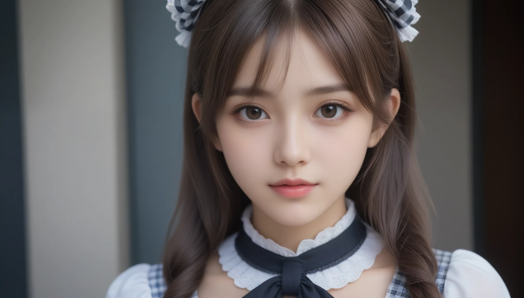 High-resolution portrait photography、A young woman wearing a maid&#39;s uniform is placed in the center.、In the background there is a rustic wooden wall。The woman has a soft and innocent expression.、Looking directly into the camera。She is wearing a black and white maid outfit with puff sleeves and lace details.、She is wearing a black choker with a small pendant。Her hair is platinum blonde、Styled in twin tails tied with black ribbons。The lighting is bright、Casting a soft shadow、It highlights her delicate features and the texture of the dress.。The woman is kneeling, leaning forward slightly.、Emphasizing her careful and humble attitude、Creating a warm and inviting atmosphere。
