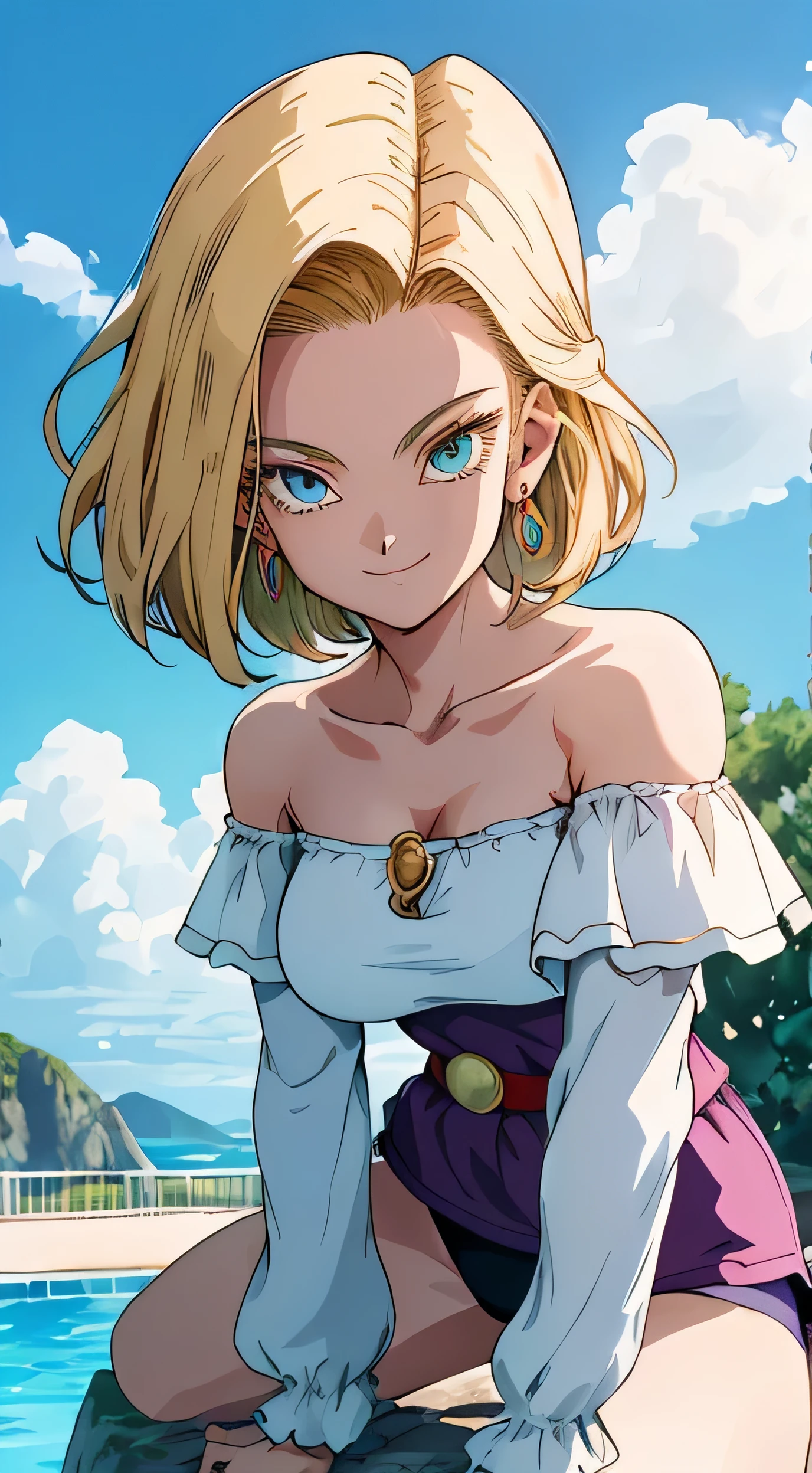 masterpiece， The best quality at its best， Super detailed， Absurd， Portrait Beautiful Android 18 DB， solo， 耳Nipple Ring， gem， (Off-the-shoulder outfit:1.5)，Cleavage， Upper body close-up，smile， String， Best， cloud， Sky Sky， Daisy，  Sit， Sitting_upon_Rock Music， Volumetric Lighting， 最high quality， masterpiece， Intricate details， Tone Mapping， Sharp focus， Super detailed， Art stati is trending，Look at her, Great environment, Very detailed, high quality, summer, Bright sun, Pool, bikini, White ruffled swimsuit, Jump. Have a float