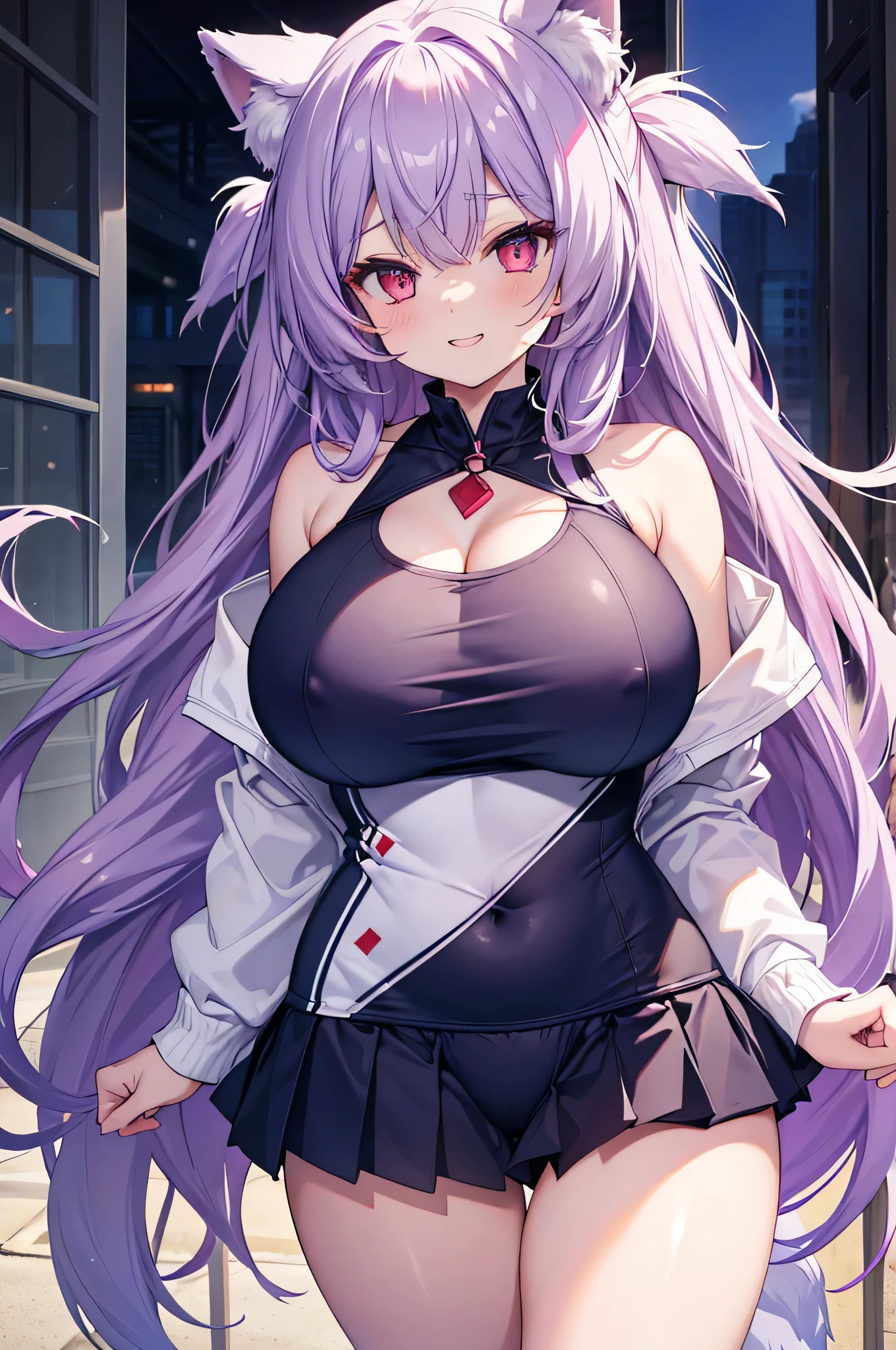 Wolf Girl, Large Breasts, Voluminous light purple hair, masterpiece , Red eyes, hd, Thick thighs, Head to Chest, buried in my chest、Double teeth、tooth、Chubby、Grinning、School Swimsuit、Big Tits