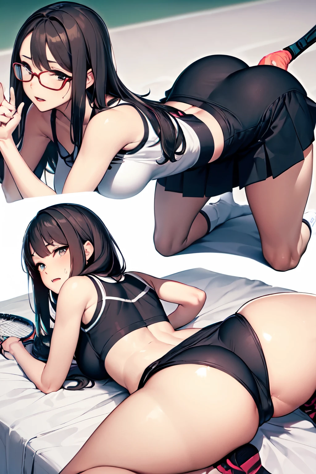 (software:1.5), (Tennis Wear、Skort)、Dark brown wavy long hair、Droopy eyes, Thick thighs, Such an ass, Liar, bed, Open crotch, Dettol, Spread your legs, Show your side, Down the Out、Tears are overflowing、Glasses、(Dynamic pose)、Untidy body、Dynamic Angles、Turning around、Big Ass