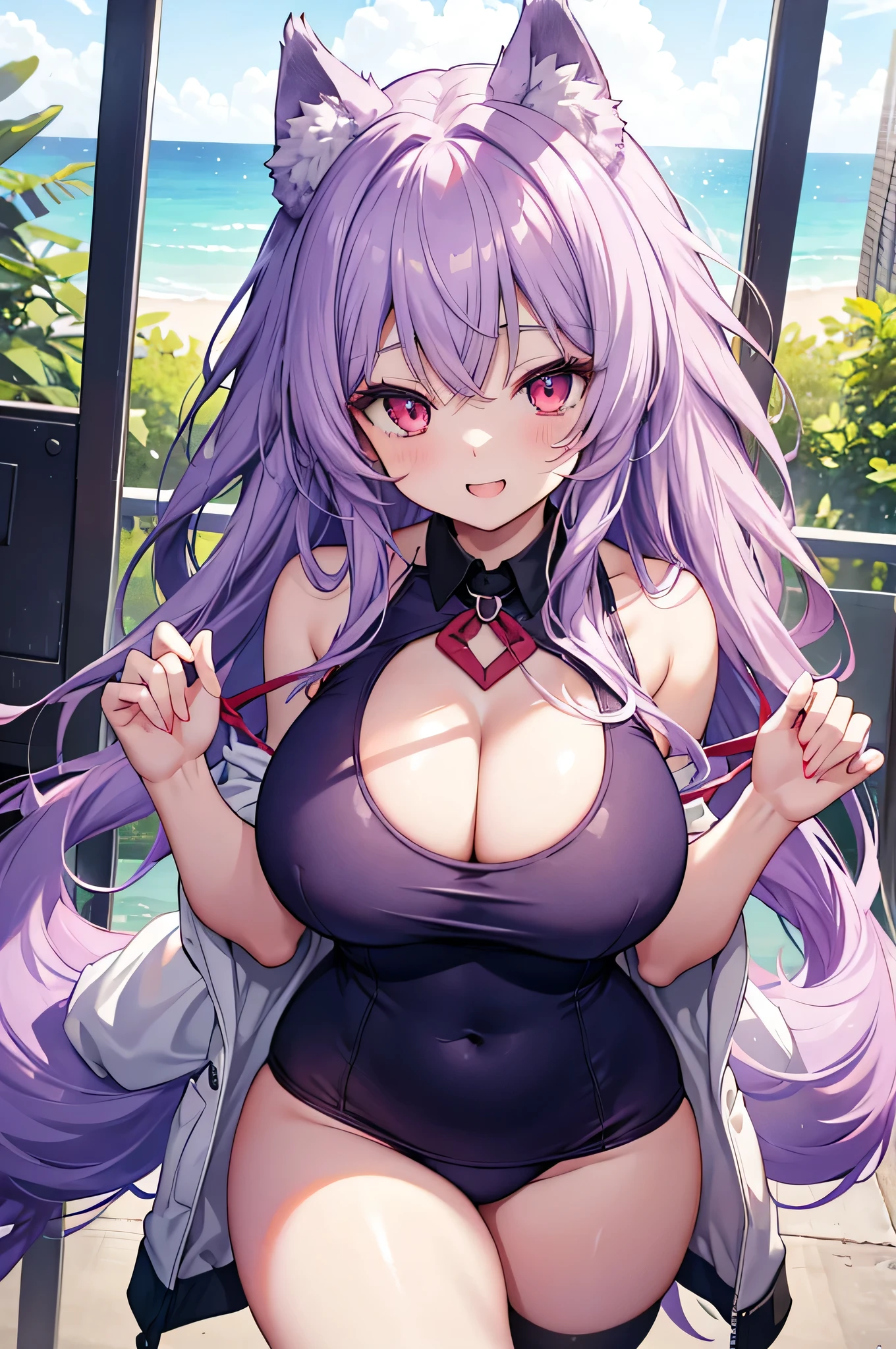 Wolf Girl, Large Breasts, Voluminous light purple hair, masterpiece , Red eyes, hd, Thick thighs, Head to Chest, buried in my chest、Double teeth、tooth、Chubby、Grinning、School Swimsuit、Big Tits